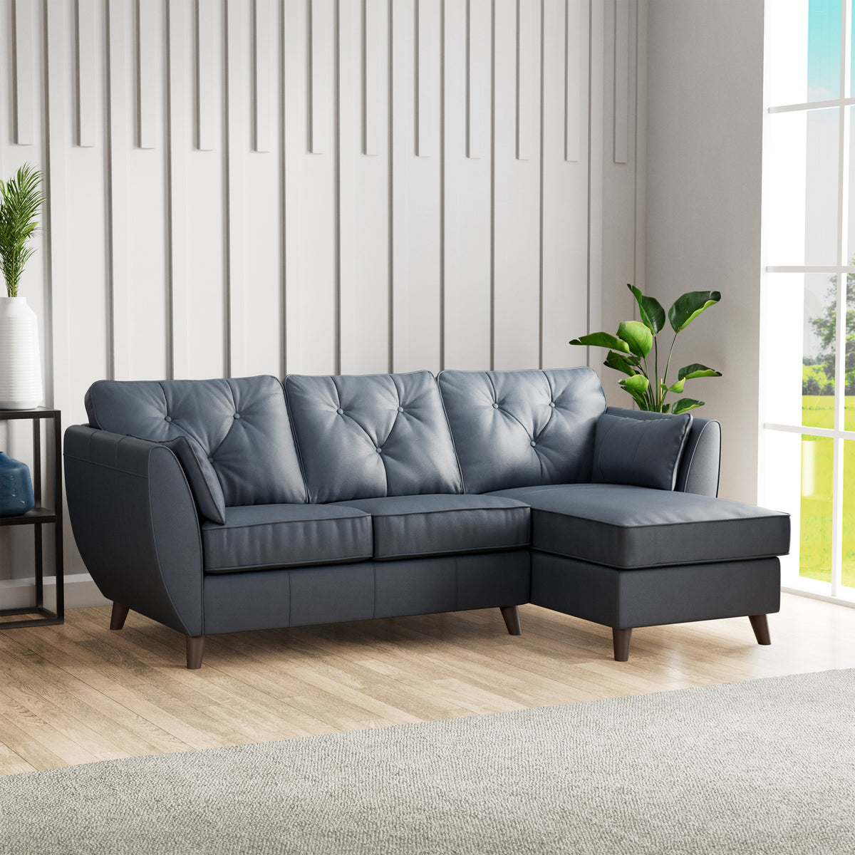 Edison Leather Chaise RH Dark Feet Navy from Roseland Furniture