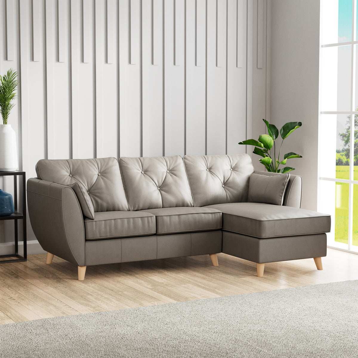 Edison Leather Chaise RH Light Feet Stone Grey from Roseland Furniture