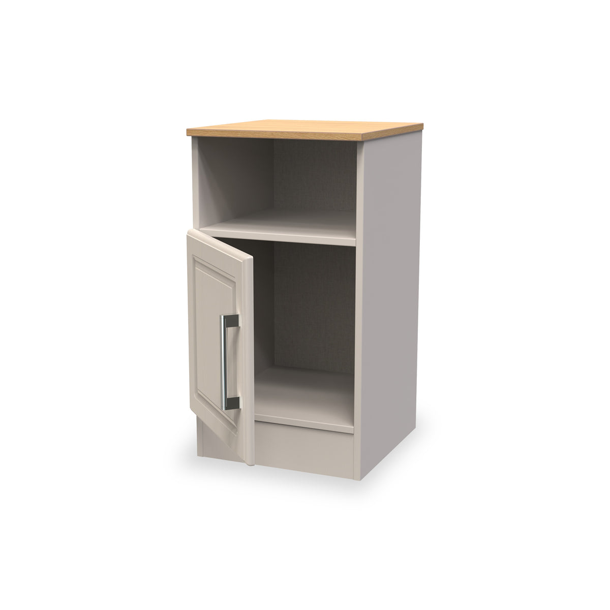 A small, grey and beige nightstand with an open cabinet door, revealing an empty shelf inside. It is depicted against a white background.