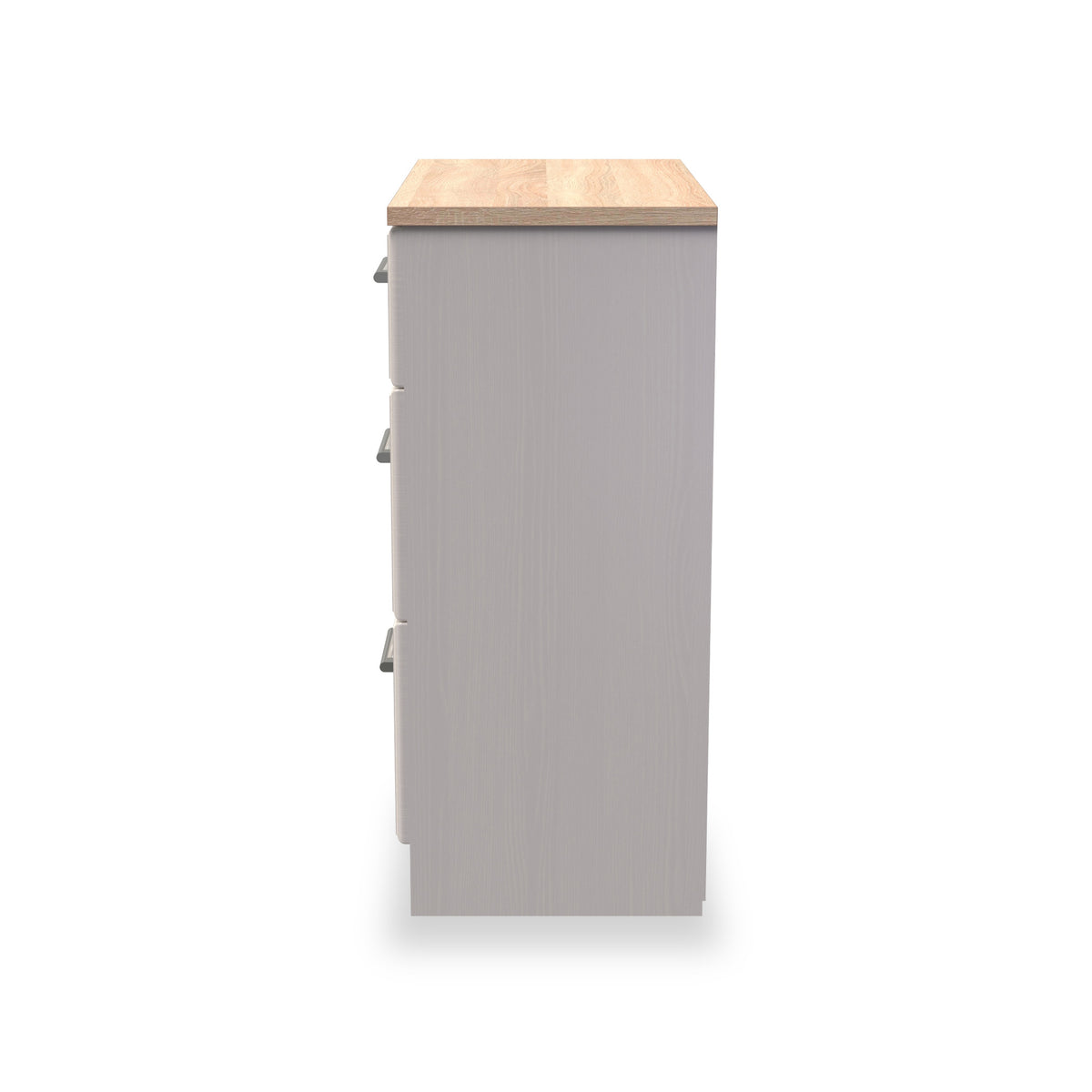 A tall, freestanding gray bathroom cabinet with a wooden top and silver handles against a white background.