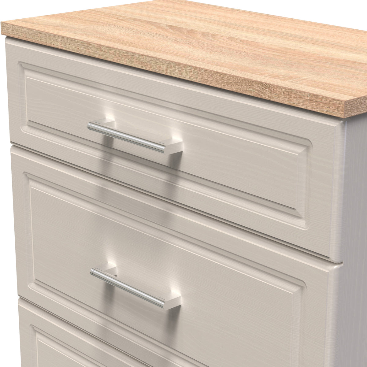 A beige wooden drawer unit with three closed drawers, each featuring a horizontal metal handle, against a white background.