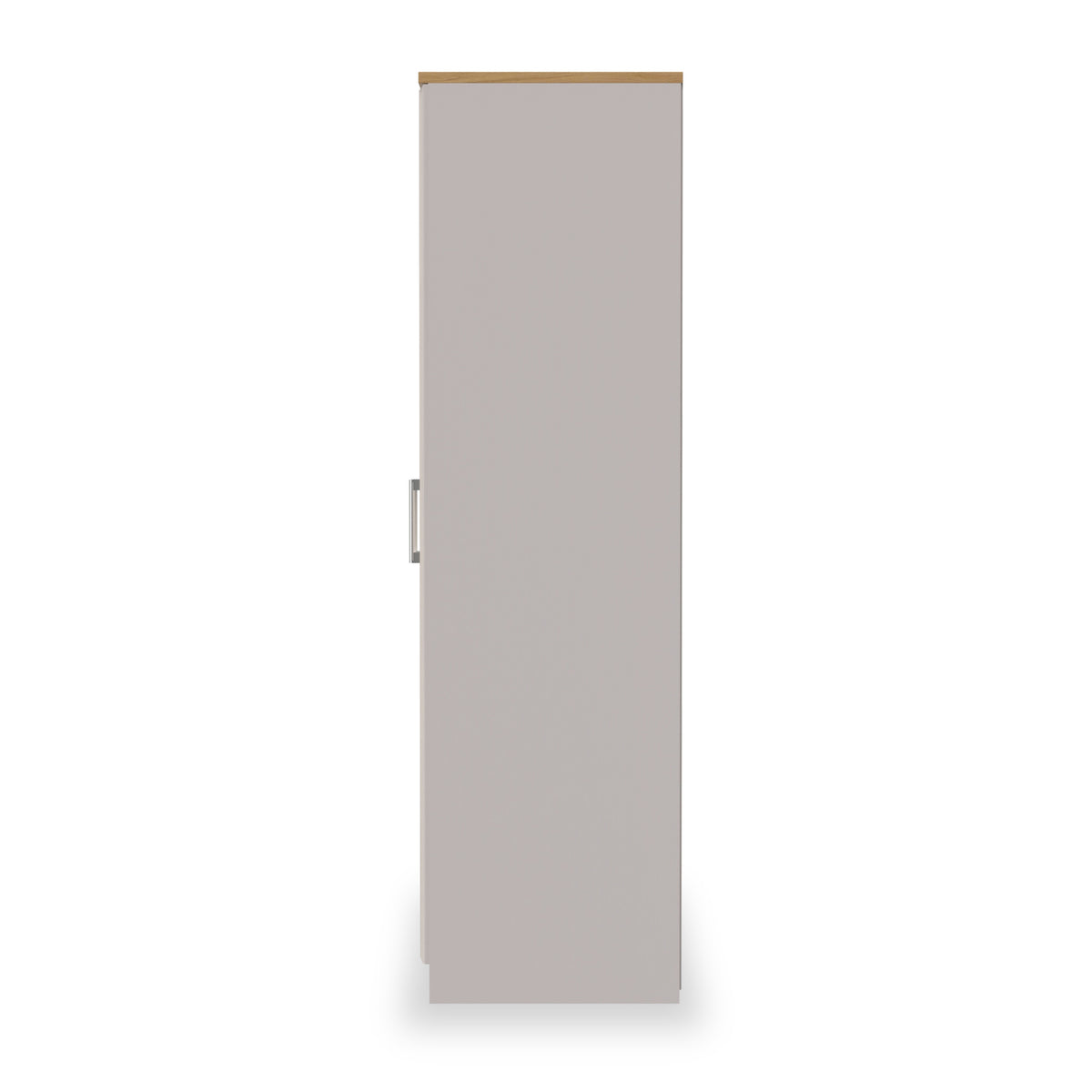 A closed light-grey door with a brown top edge and a silver handle, centered against a white background.