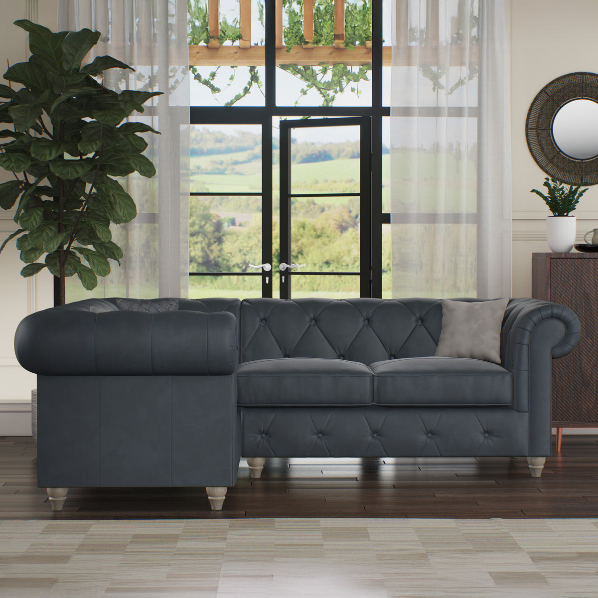 Everett LH Leather Corner Sofa Navy Washed Feet from Roseland Furniture