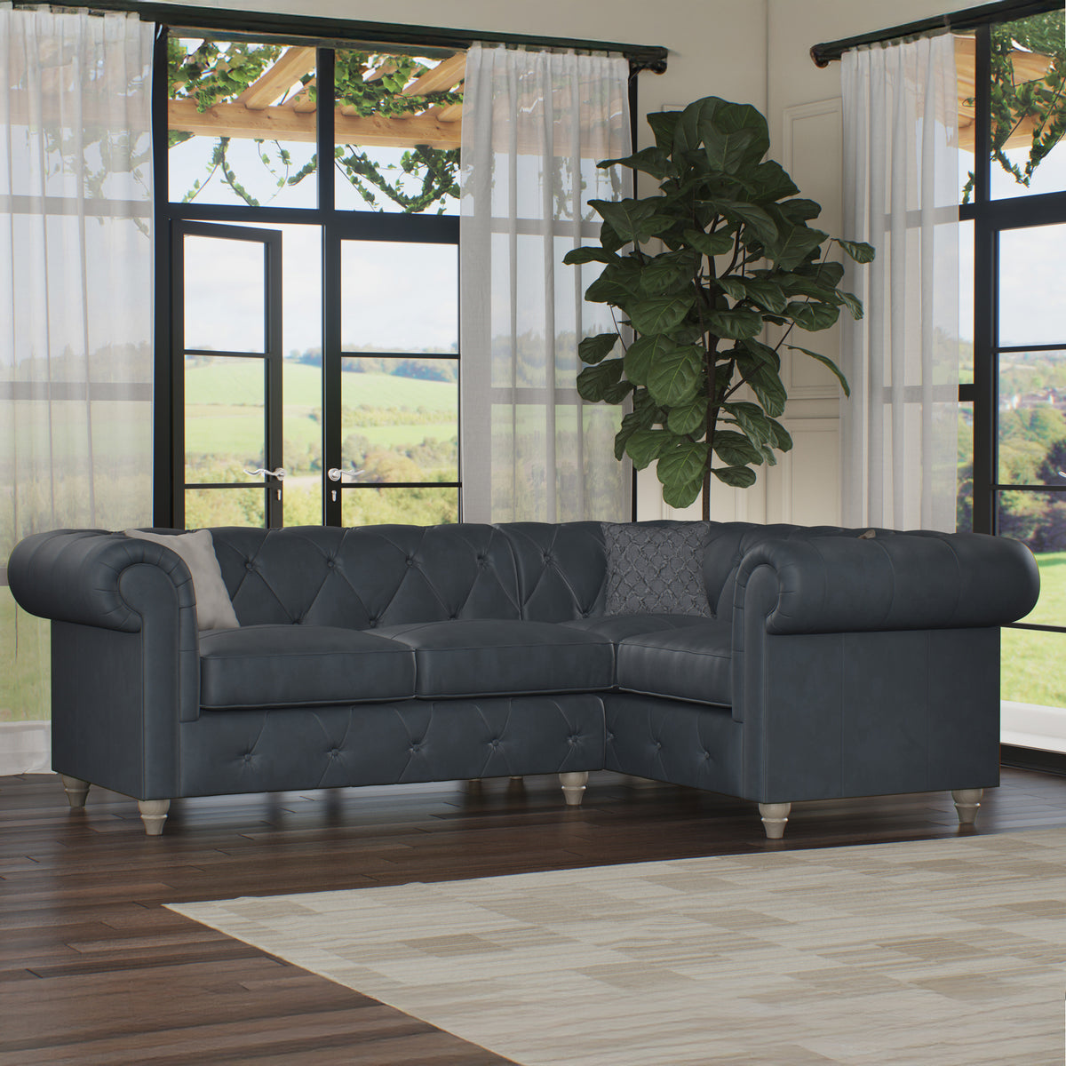 Everett RH Leather Corner Sofa Navy Washed Feet from Roseland Furniture