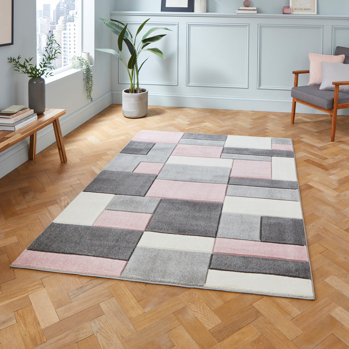 Regis Rose Pink Grey Geometric Cube Rug for bedroom