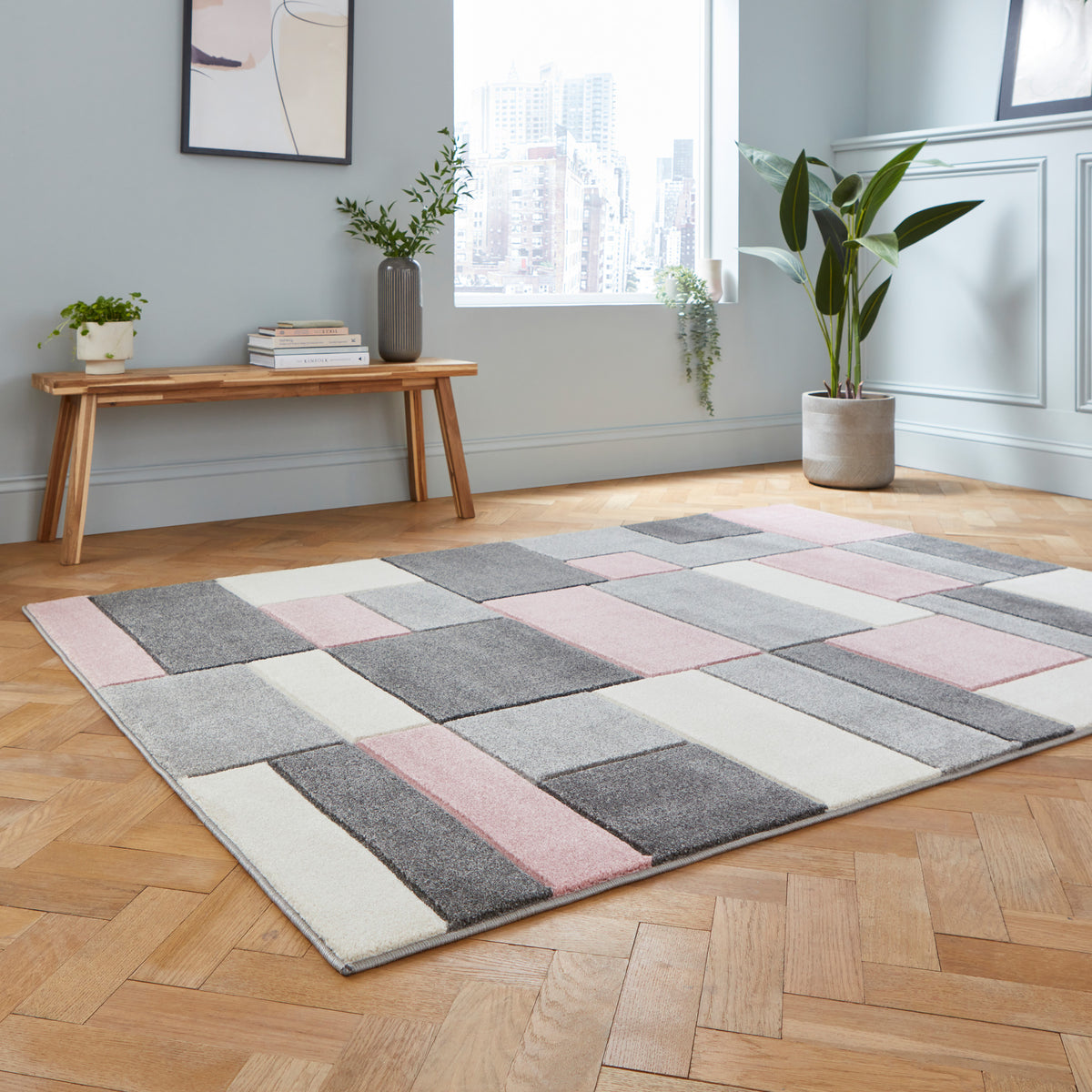 Regis Rose Pink Grey Geometric Cube Rug for living room