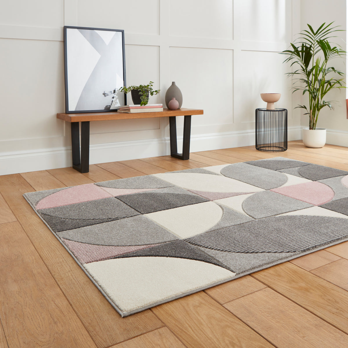 Regis Grey Rose Pink Geometric Leaf Rug for bedroom