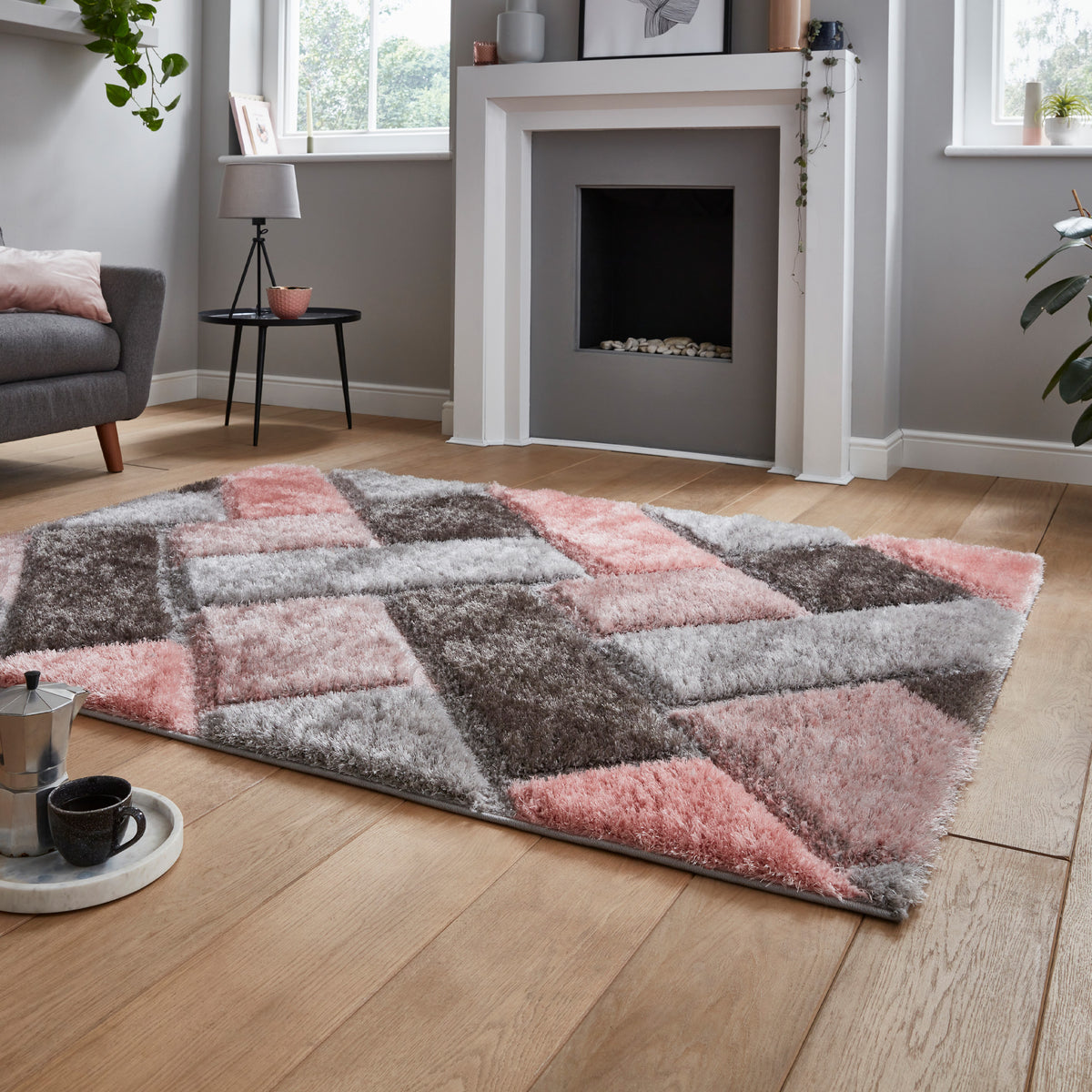 Lennox Pink Grey Geometric Shaggy Rug for living room