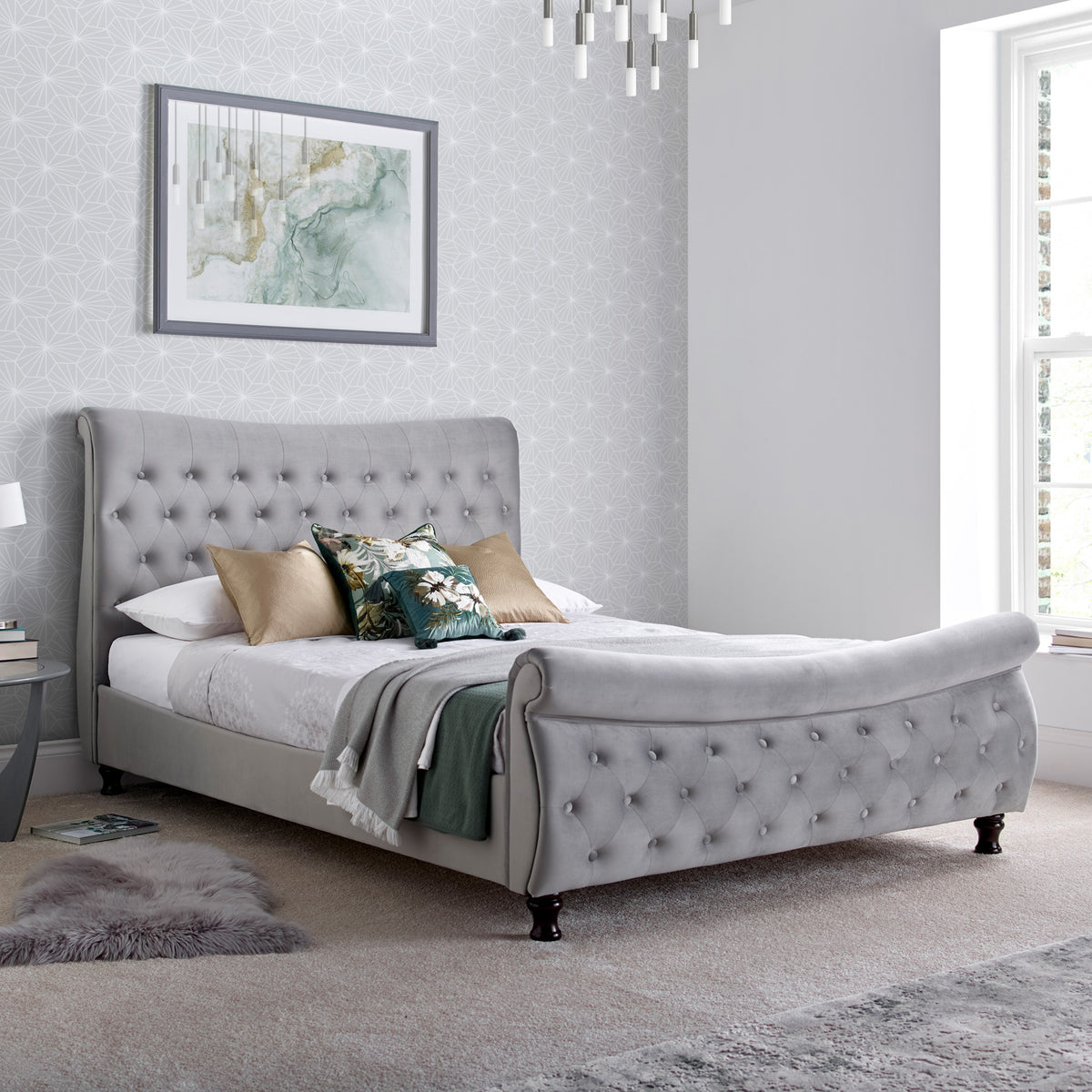 Duxford Grey Velvet Chesterfield Sleigh Bed from Roseland furniture