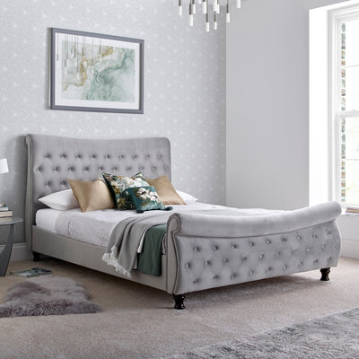 Duxford Grey Velvet Chesterfield Sleigh Bed
