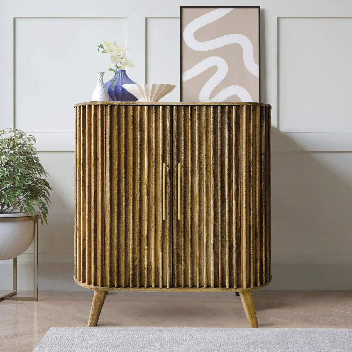 Leo Slatted Mango Wood 2 Door Tall Sideboard Cabinet for living room