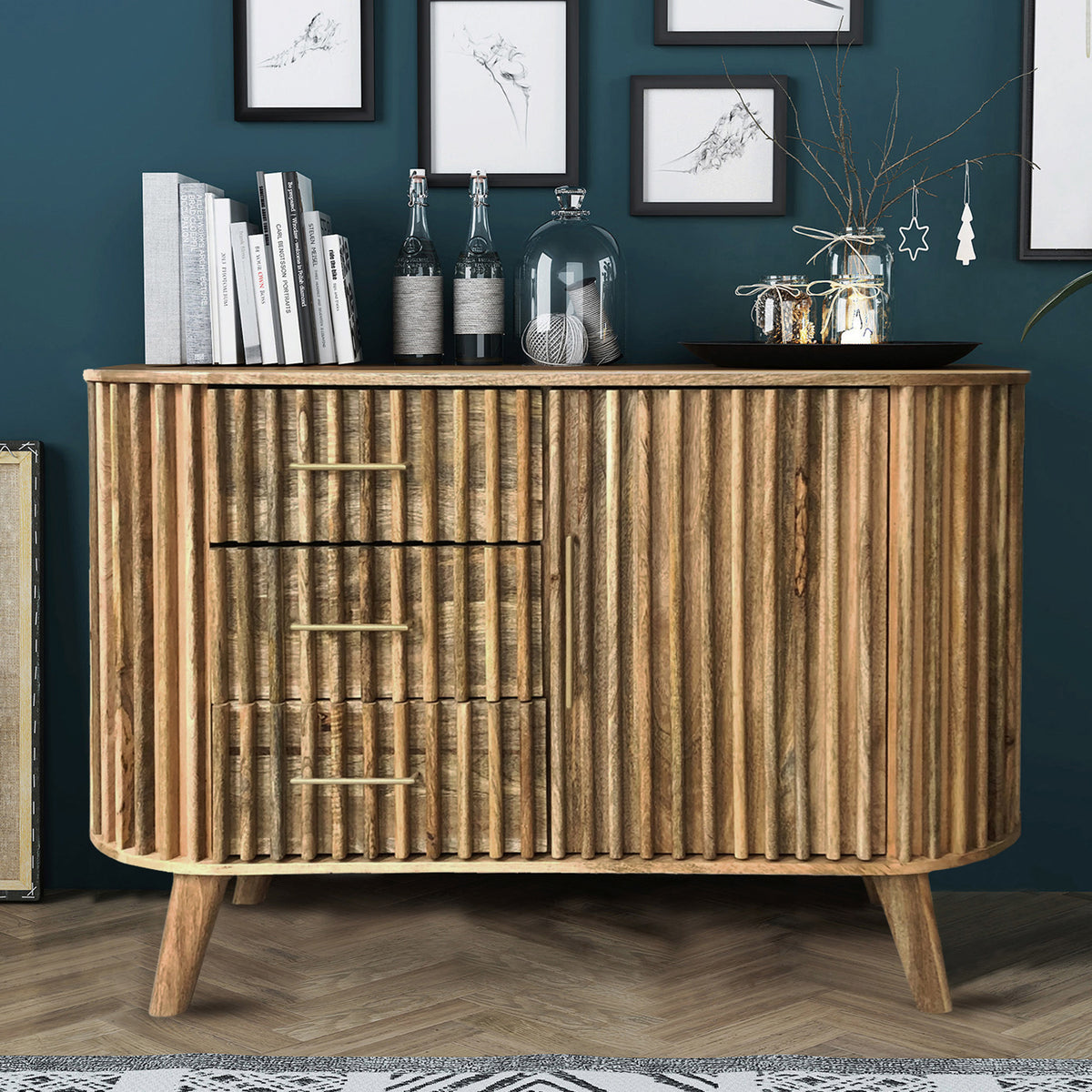 Leo Slatted Mango Wood 3 Drawer 1 Door Sideboard Cabinet for living room