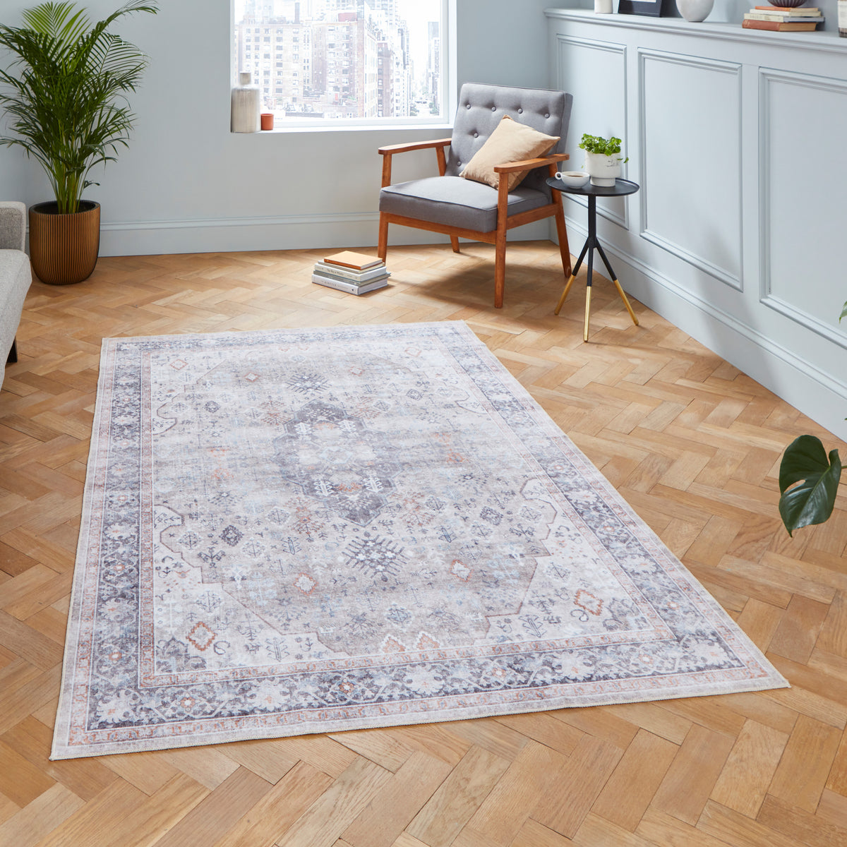 Lincoln Beige Distressed Medallion Rug for living room