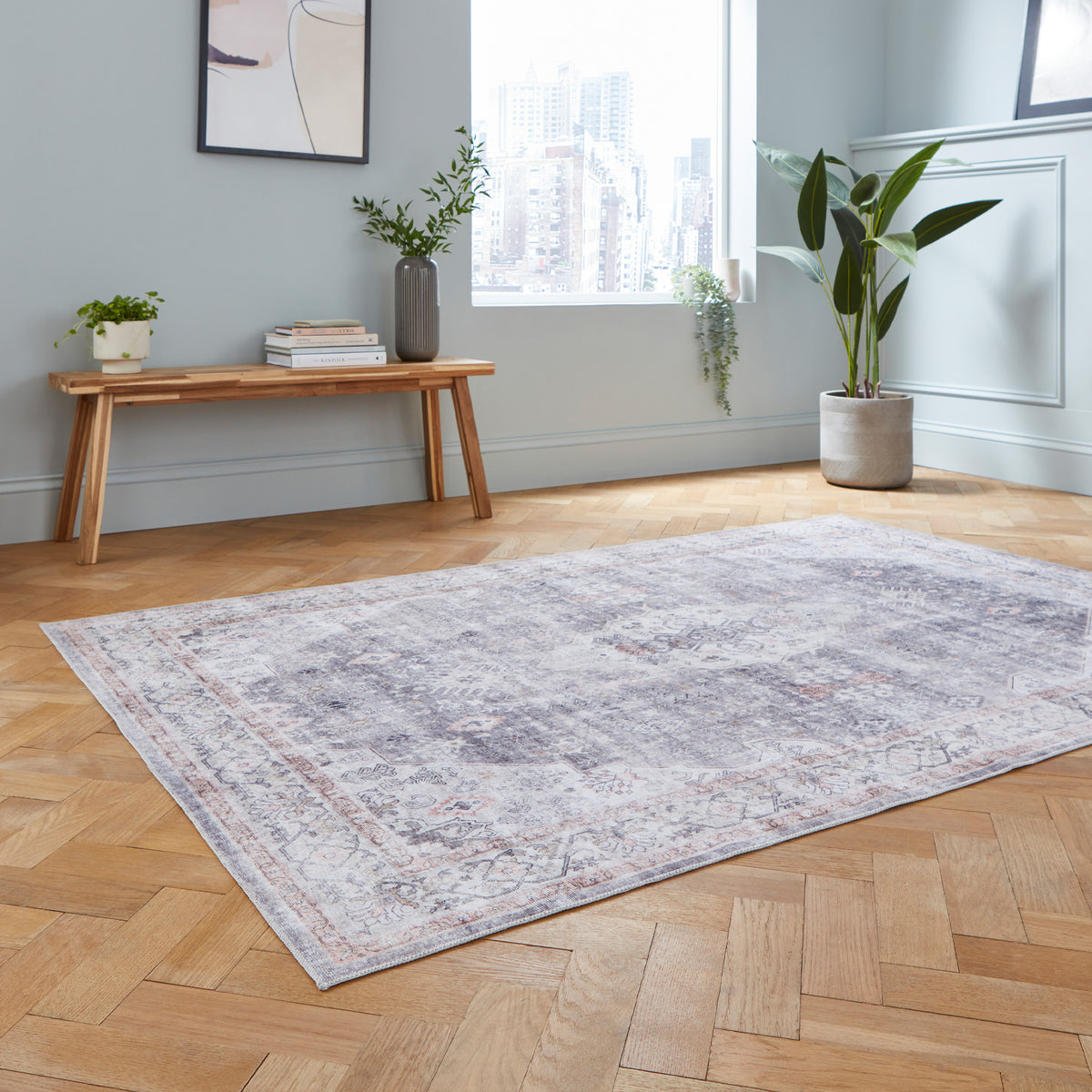 Lincoln Grey Distressed Medallion Rug for bedroom