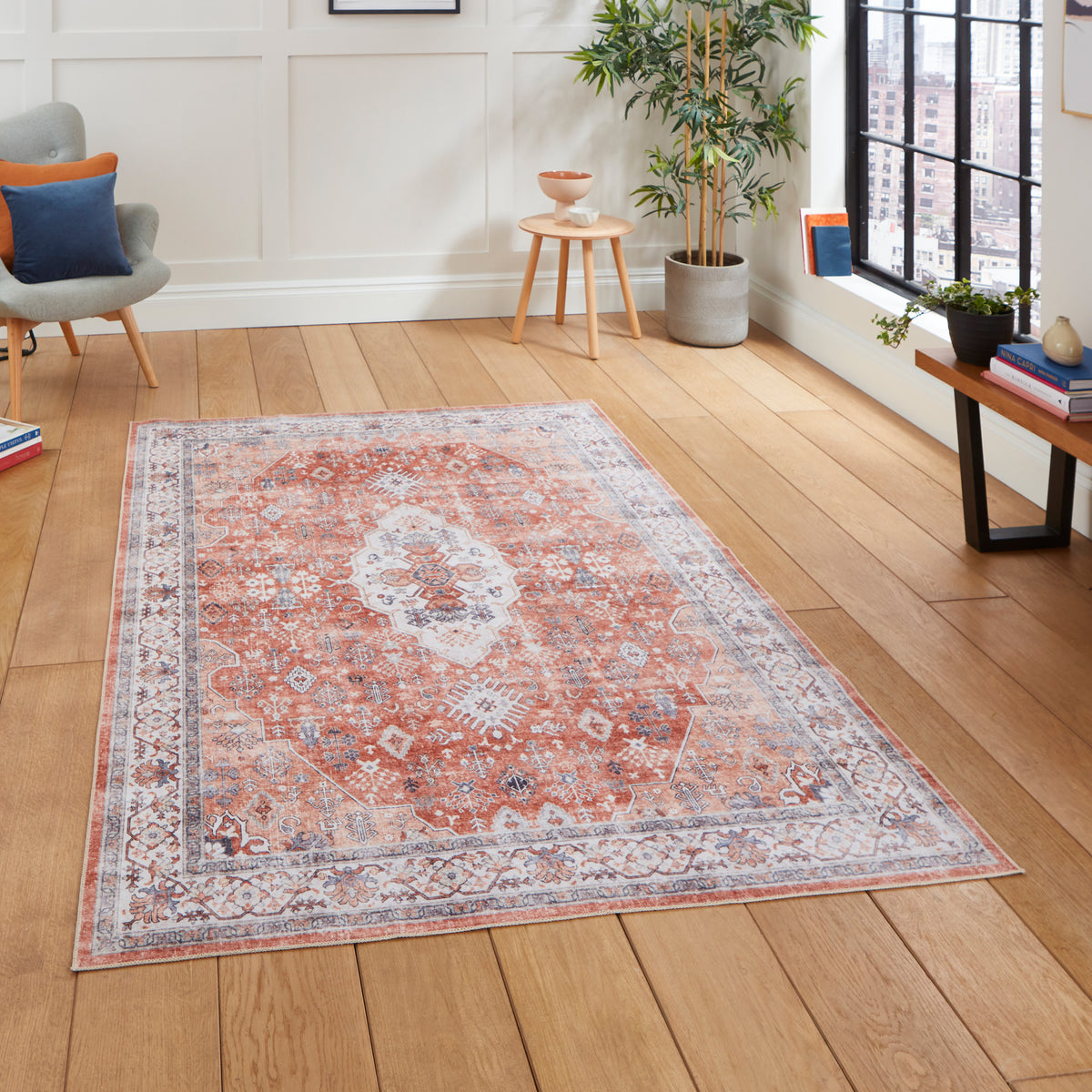 Lincoln Terracotta Distressed Medallion Rug for living room