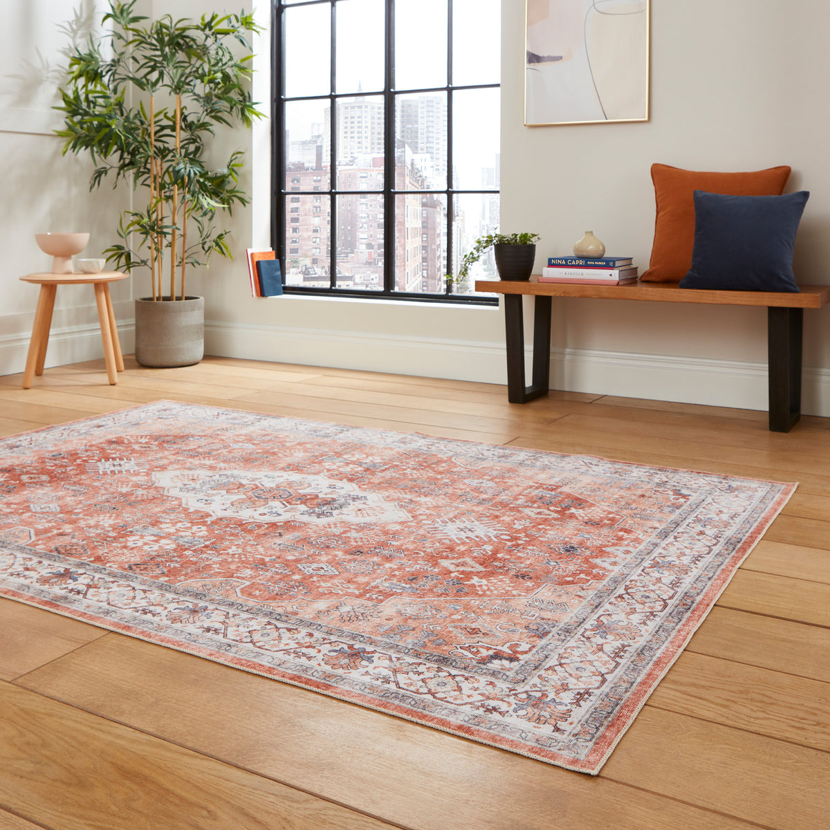 Lincoln Terracotta Distressed Medallion Rug for bedroom