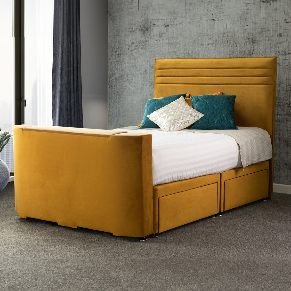 Ryton Velvet 4 Drawer TV Bed in Mustard by Roseland Furniture