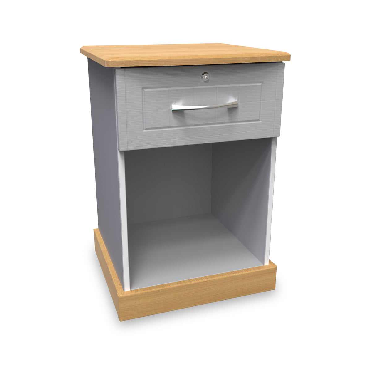 Wickham-open-door-bedside-table-wlock-grey-ash from Roseland Furniture
