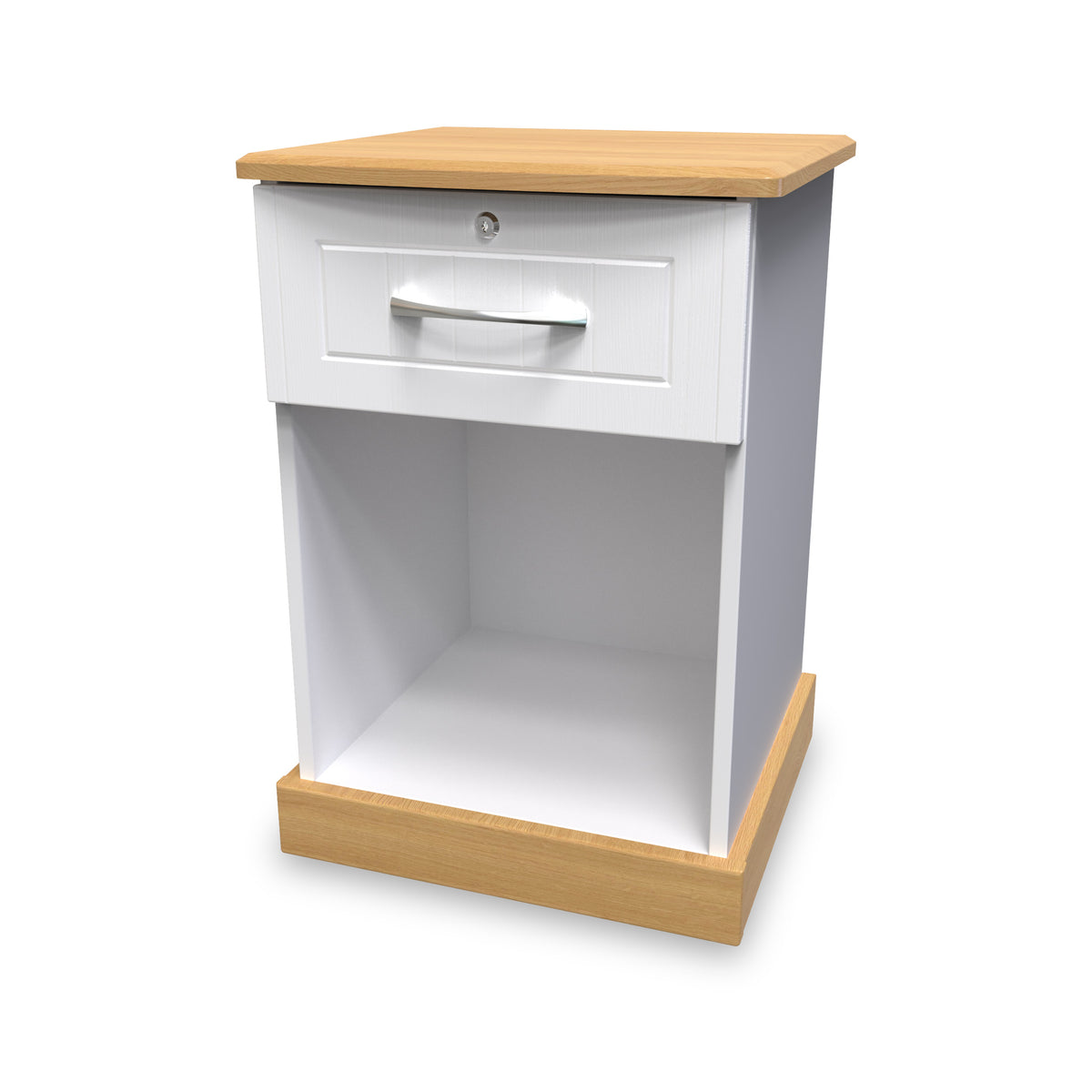 Wickham-open-door-bedside-table-wlock-white-ash Angle2 from Roseland Furniture