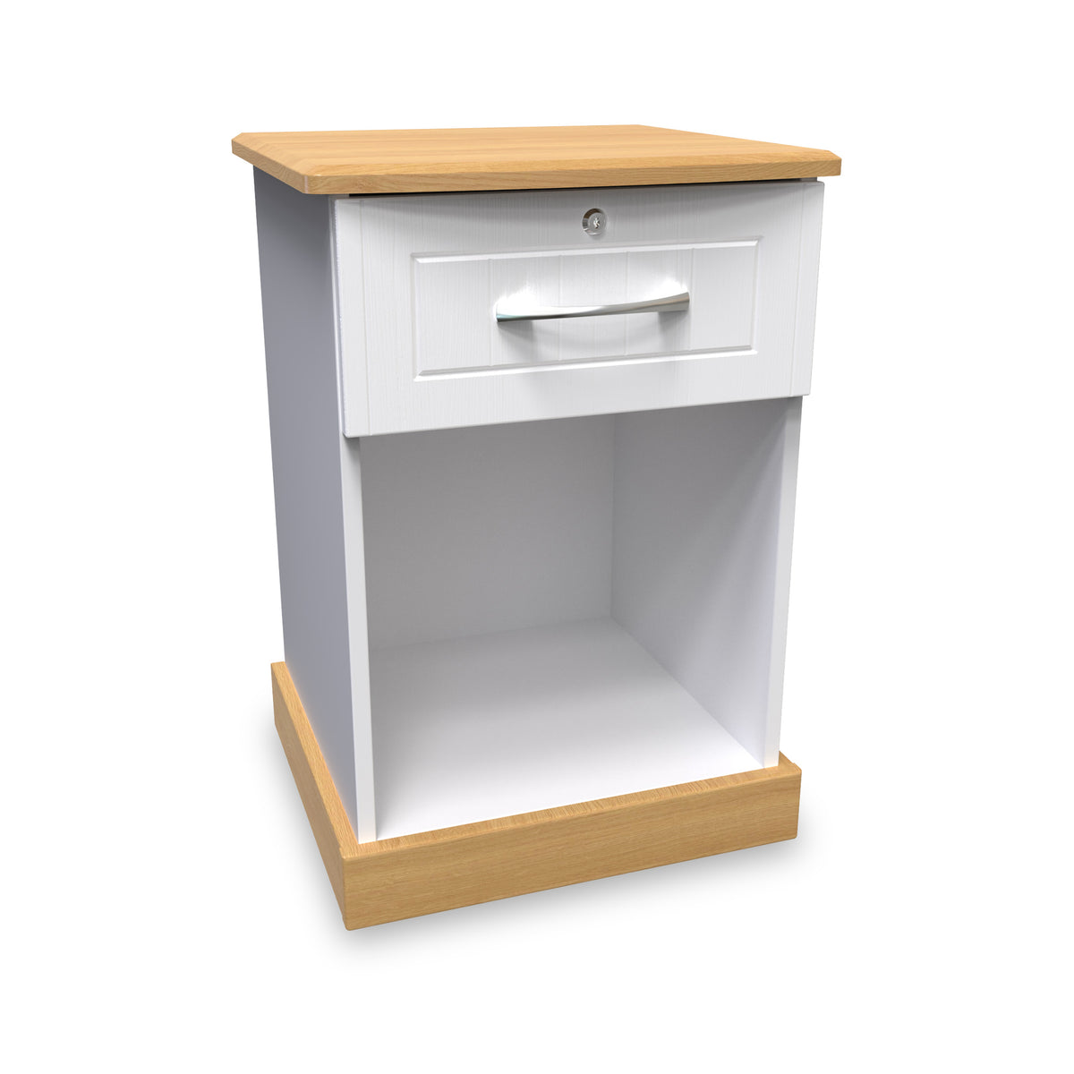 Wickham-open-door-bedside-table-wlock-white-ash Angle2 from Roseland Furniture