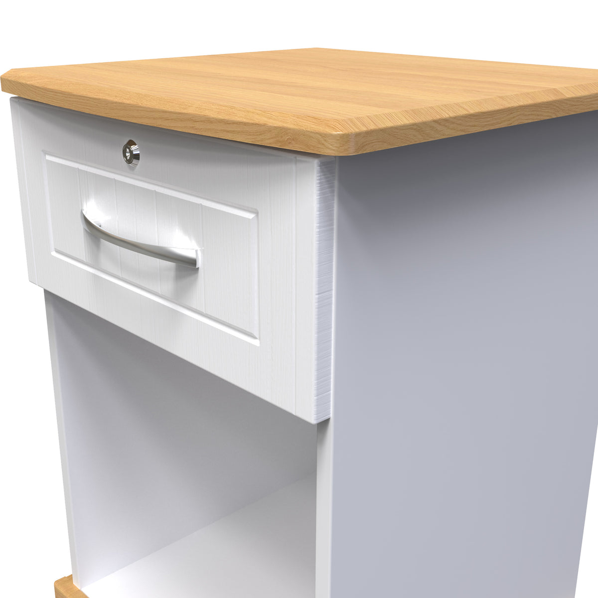 Wickham-open-door-bedside-table-wlock-white-ash Angle2 from Roseland Furniture