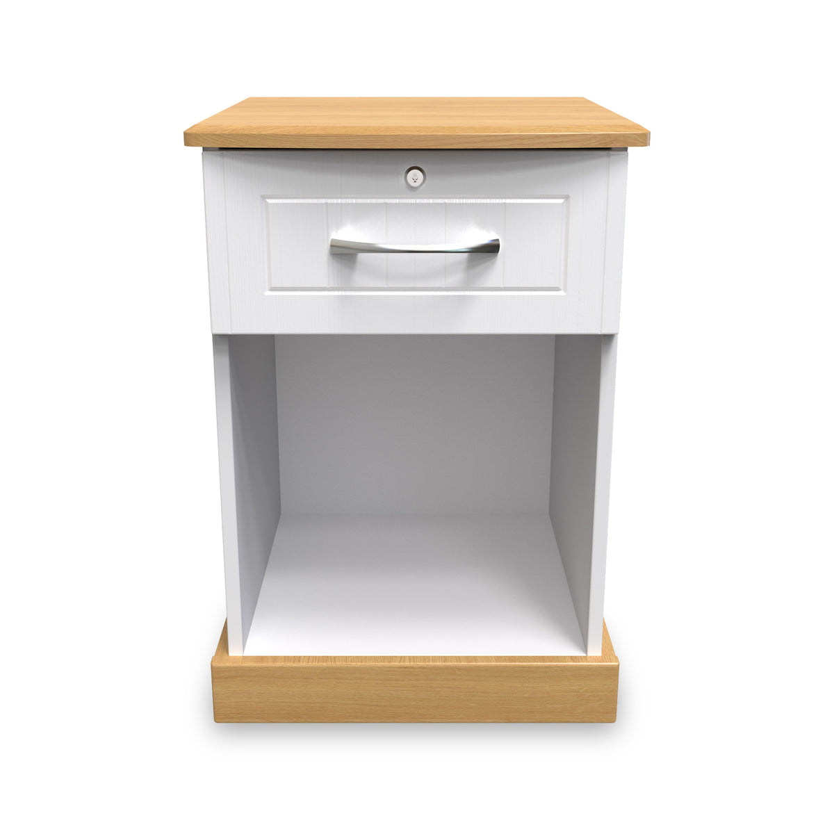 Wickham-open-door-bedside-table-wlock-white-ash Angle2 from Roseland Furniture