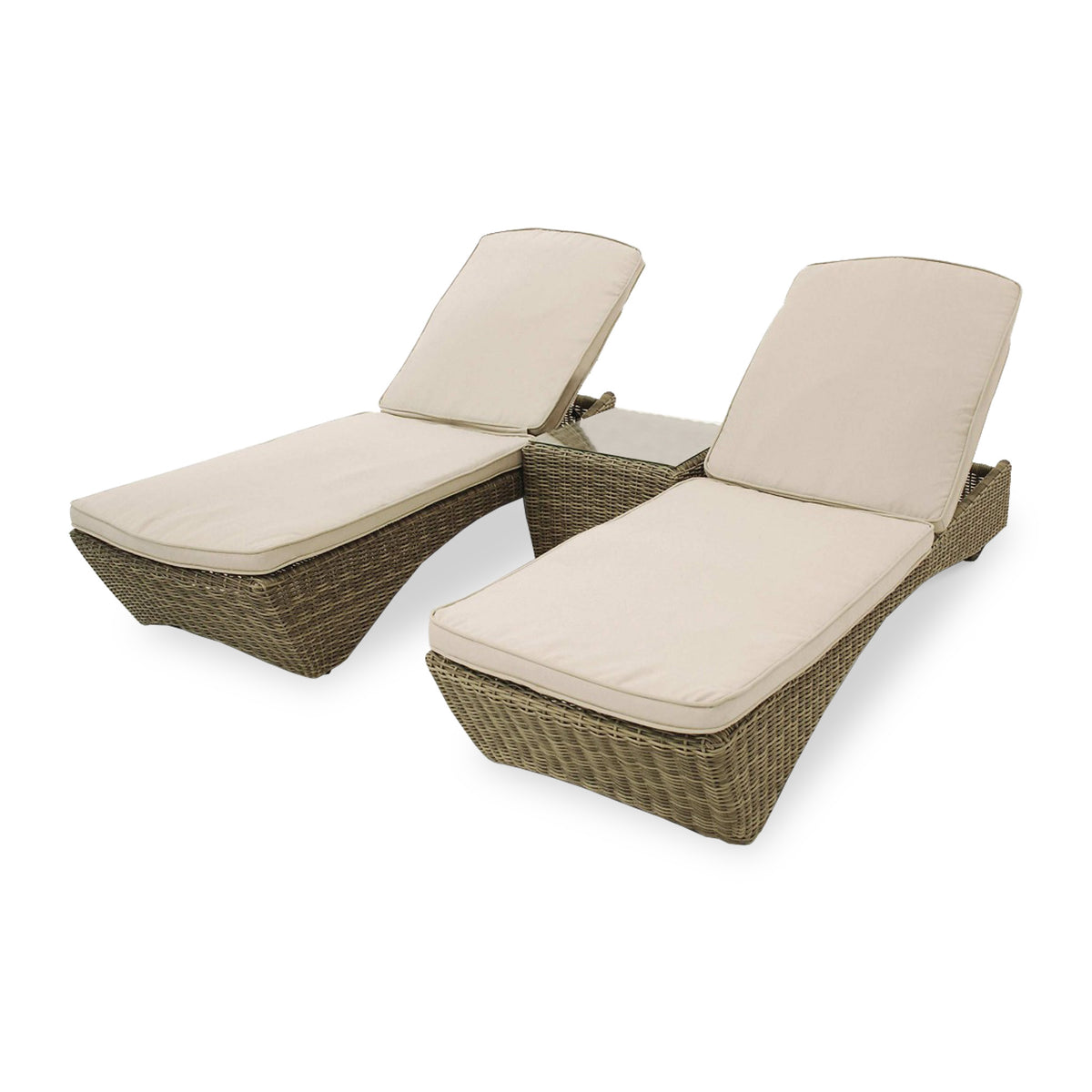 Two wicker sun loungers with beige cushions, positioned side by side, isolated on a white background.