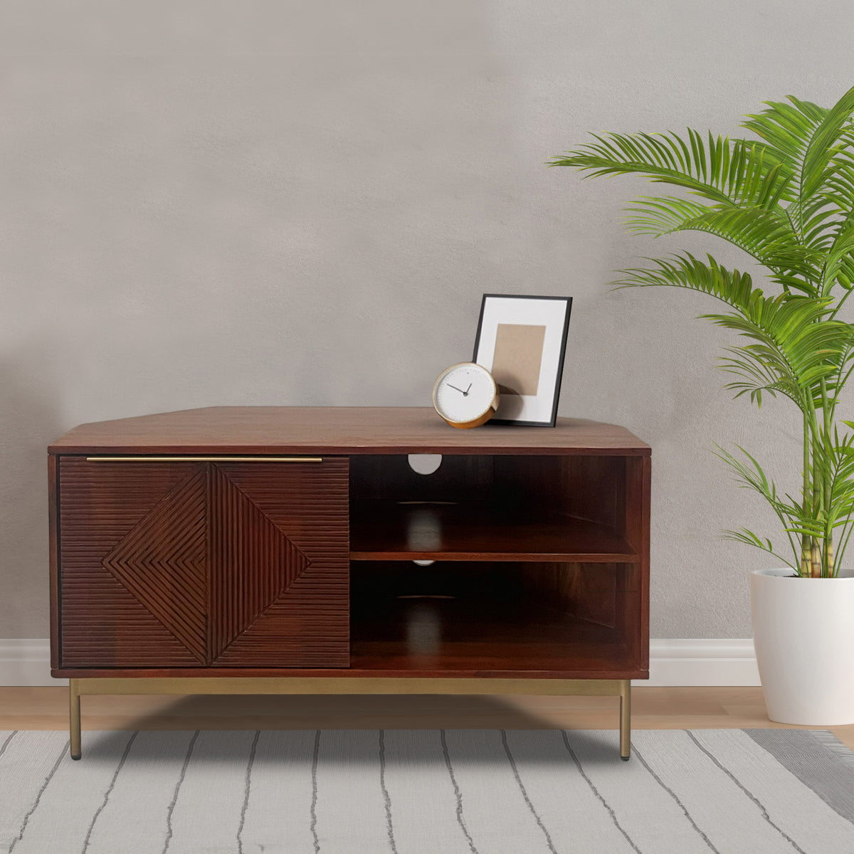 Beau Grooved Mango Wood Corner TV Cabinet for living room