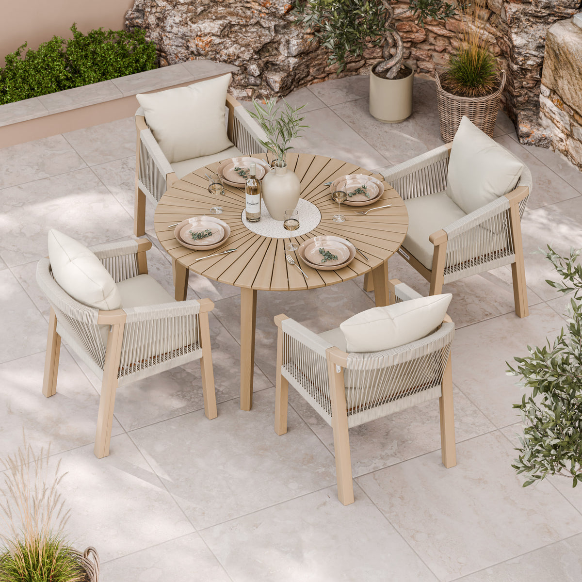 FSC 1 Roma 120cm Round Table w 4 Roma Dining Chairs Concrete Insert from Roseland Furniture