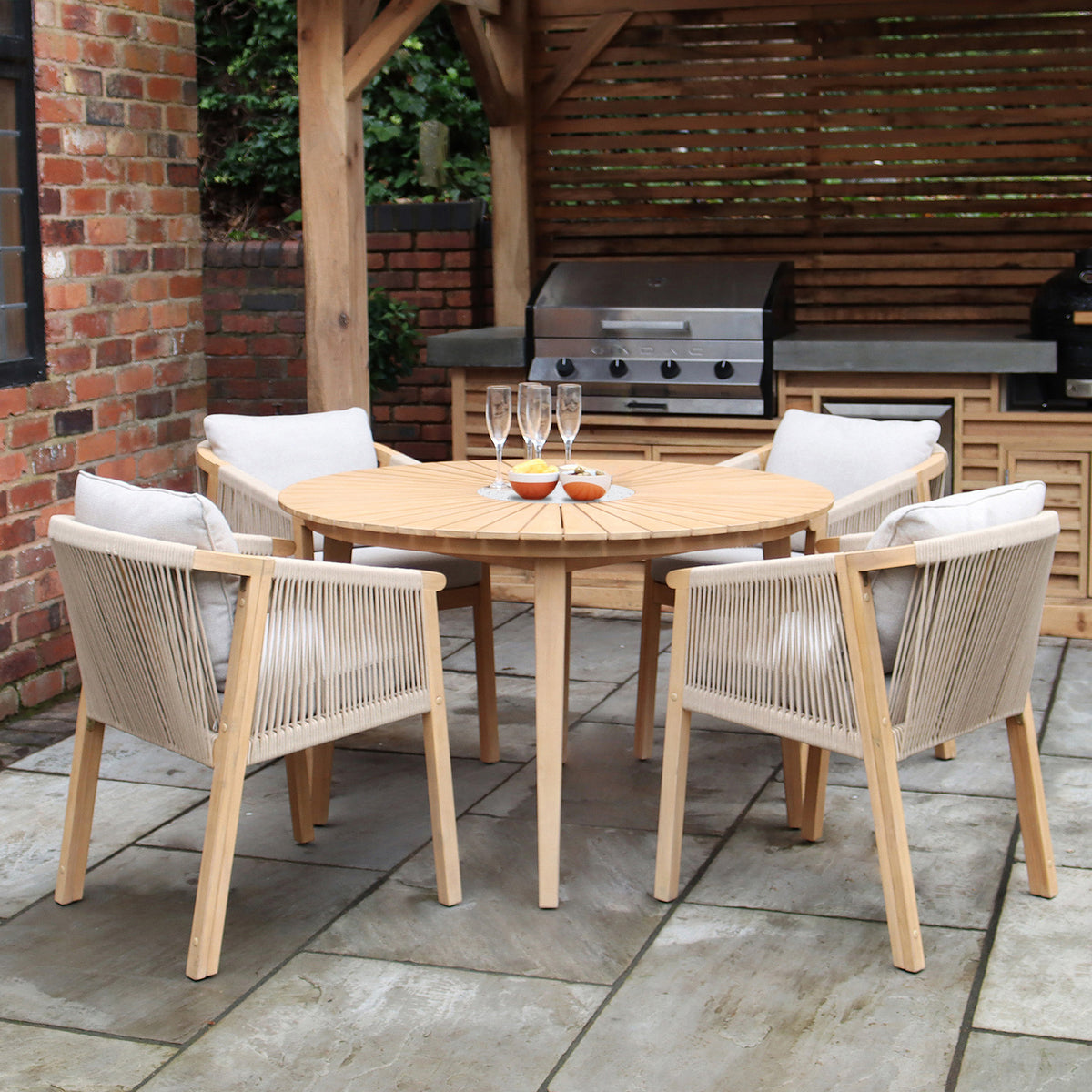 FSC 1 Roma 120cm Round Table w 4 Roma Dining Chairs Concrete Insert from Roseland Furniture