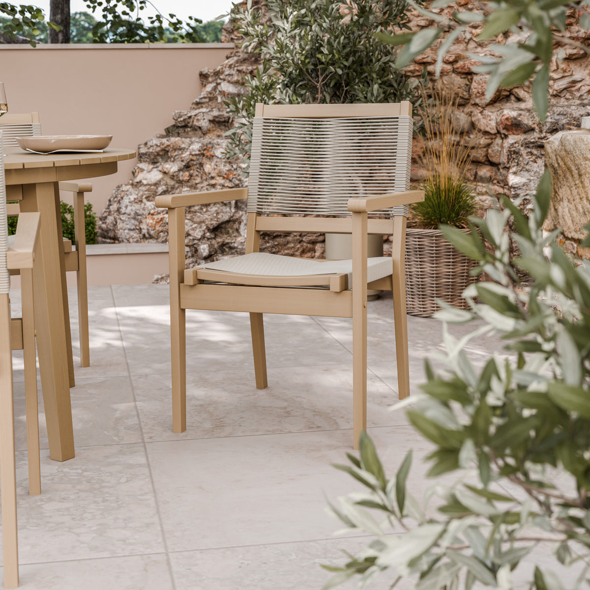 Roma 120cm Round Table 4 Roma Rope Stacking Chairs Granite Insert from Roseland Furniture