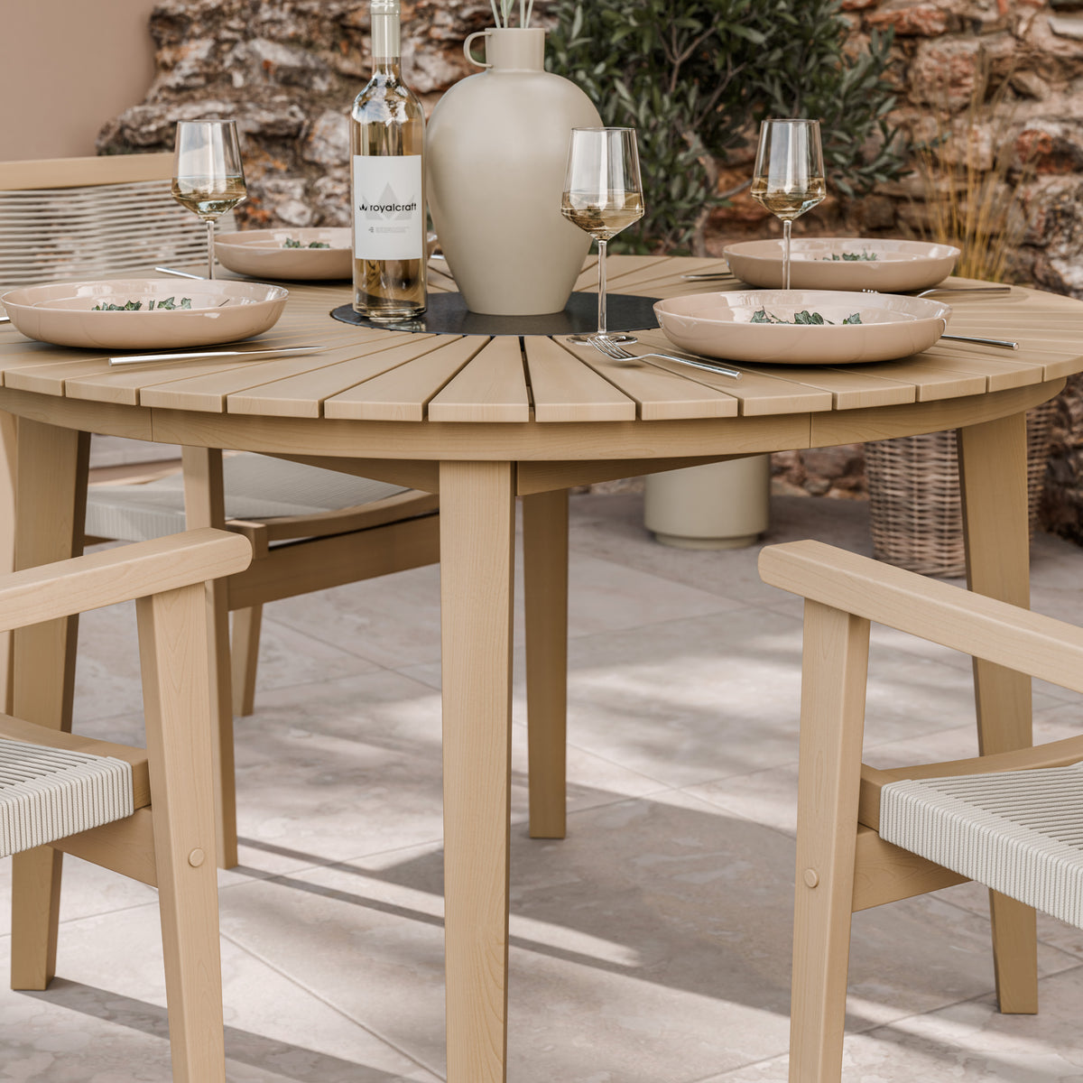 Roma 120cm Round Table 4 Roma Rope Stacking Chairs Granite Insert from Roseland Furniture