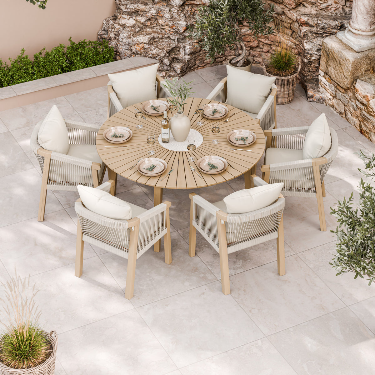 FSC 1 Roma 150cm Round Table w 6 Roma Dining Chairs Concrete Insert from Roseland Furniture