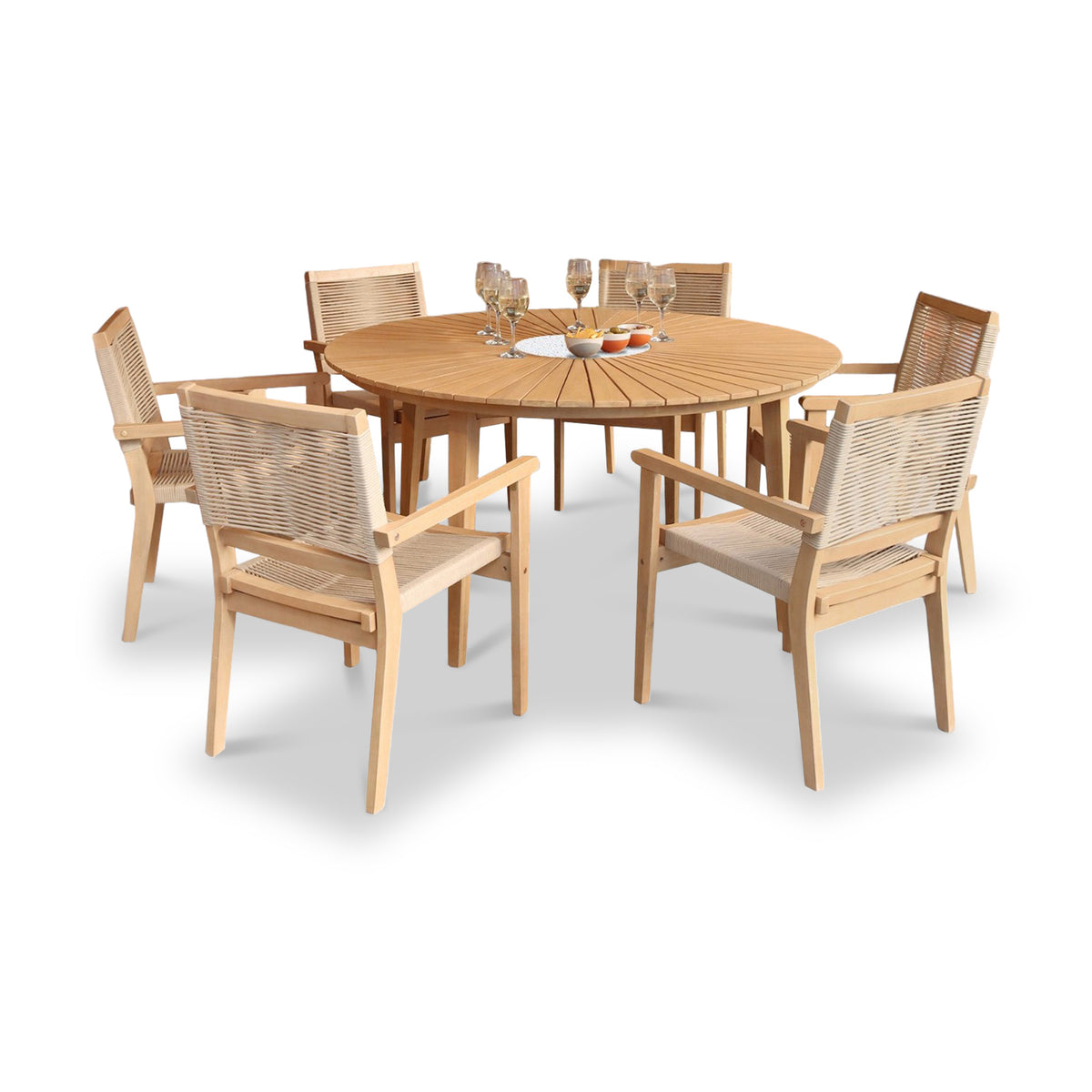 FSC 1 Roma 150cm Round Table w 6 Roma Rope Stacking Chairs Concrete Insert from Roseland Furniture