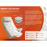 An advertisement for 'Memory Coil Matrah' illustrates a mattress with layers of memory foam and coil springs for support. It mentions breathability, hypoallergenic features, and anti-dust mite resistance for undisturbed sleep.