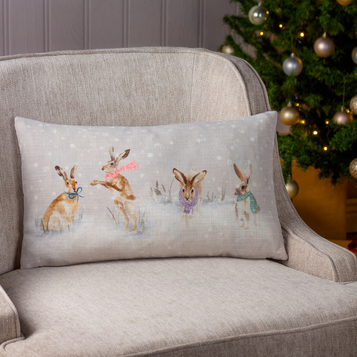 Snowy Hare 50cm Bolster Cushion by Roseland Furniture