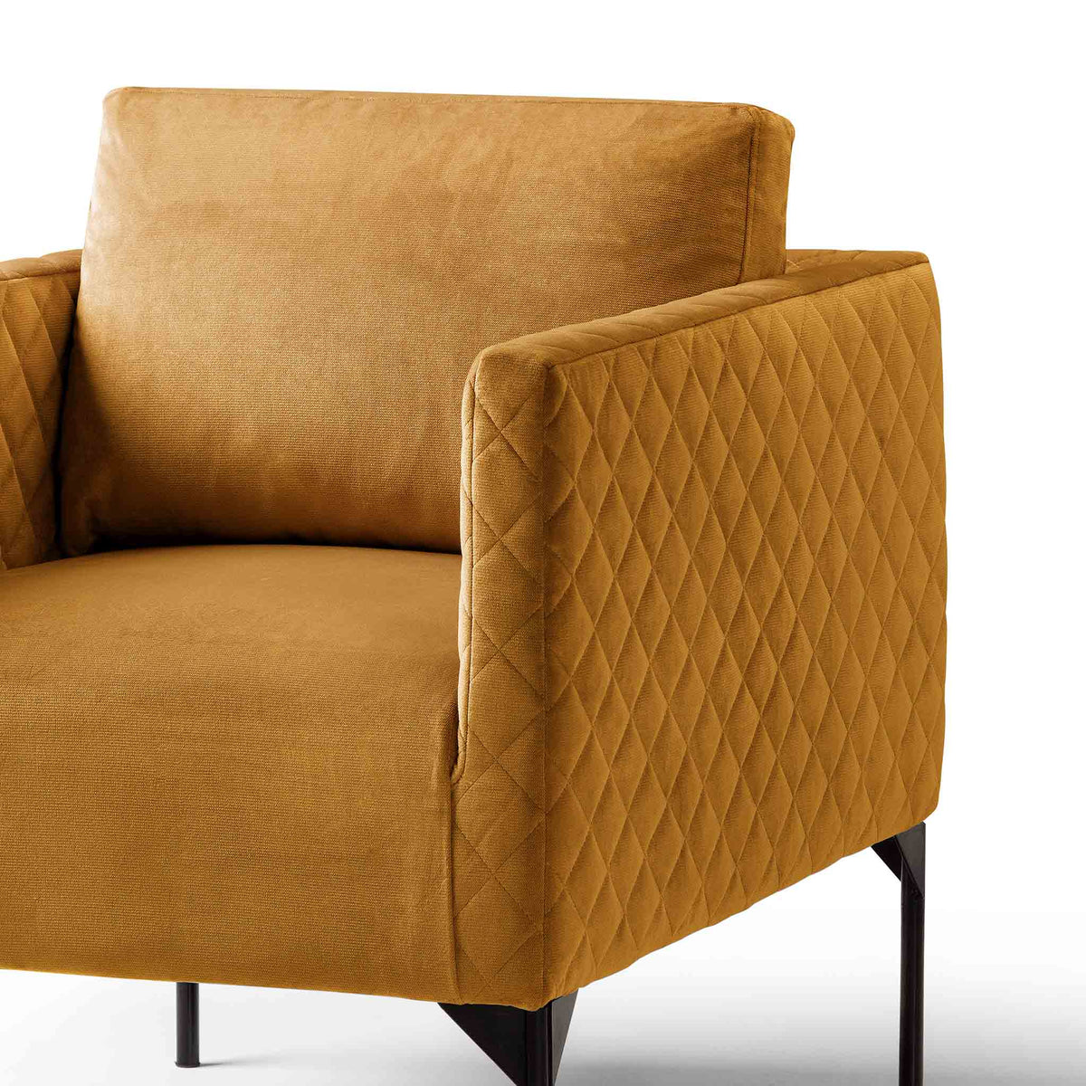 close up of the padded seat and back cushion on the Bali Gold Velvet Accent Chair