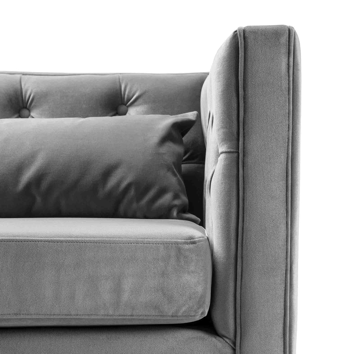 close up of the velvet tracked armrest on the Savoy Grey Velvet 2 Seater Accent Chair
