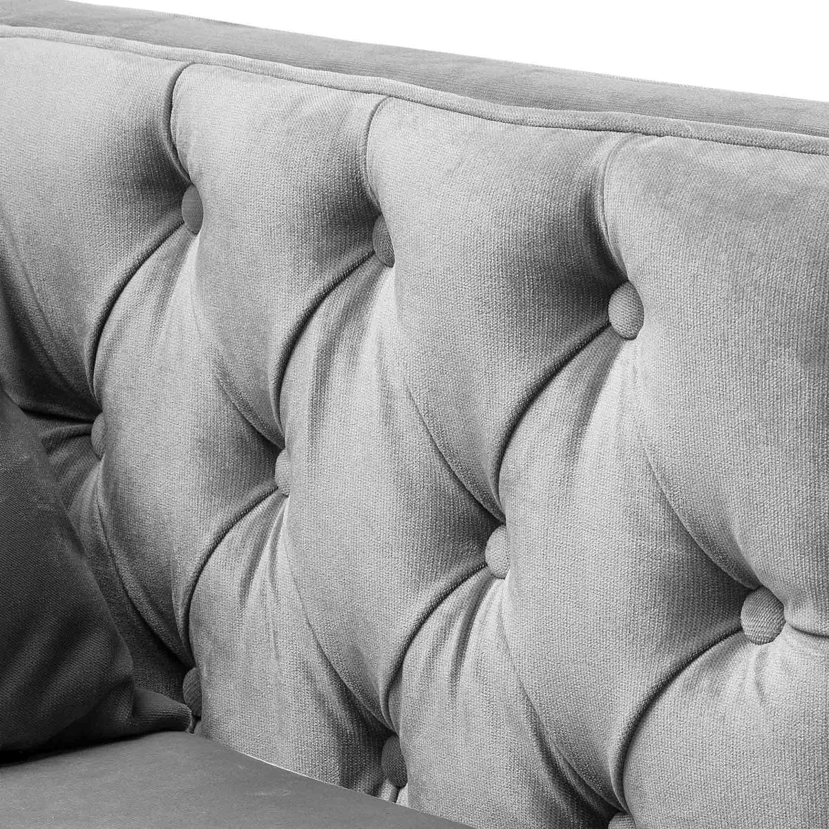 close up of the button tuft detail design on the Savoy Grey Velvet 2 Seater Accent Chair