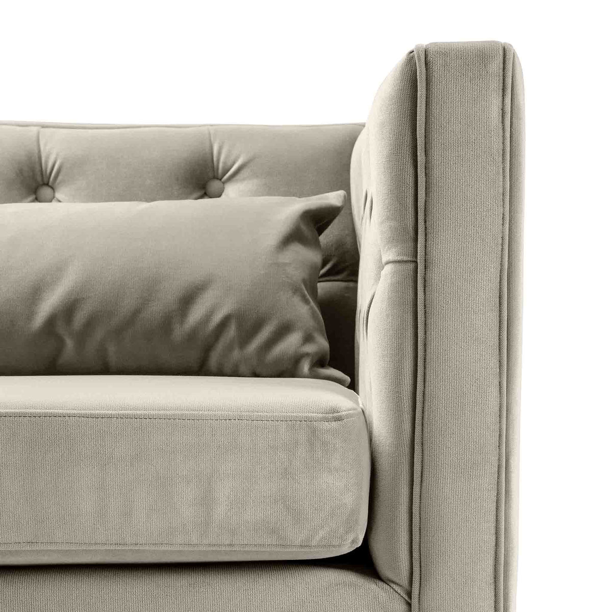 close up of velvet tracked armrest on the Savoy Putty Velvet 2 Seater Accent