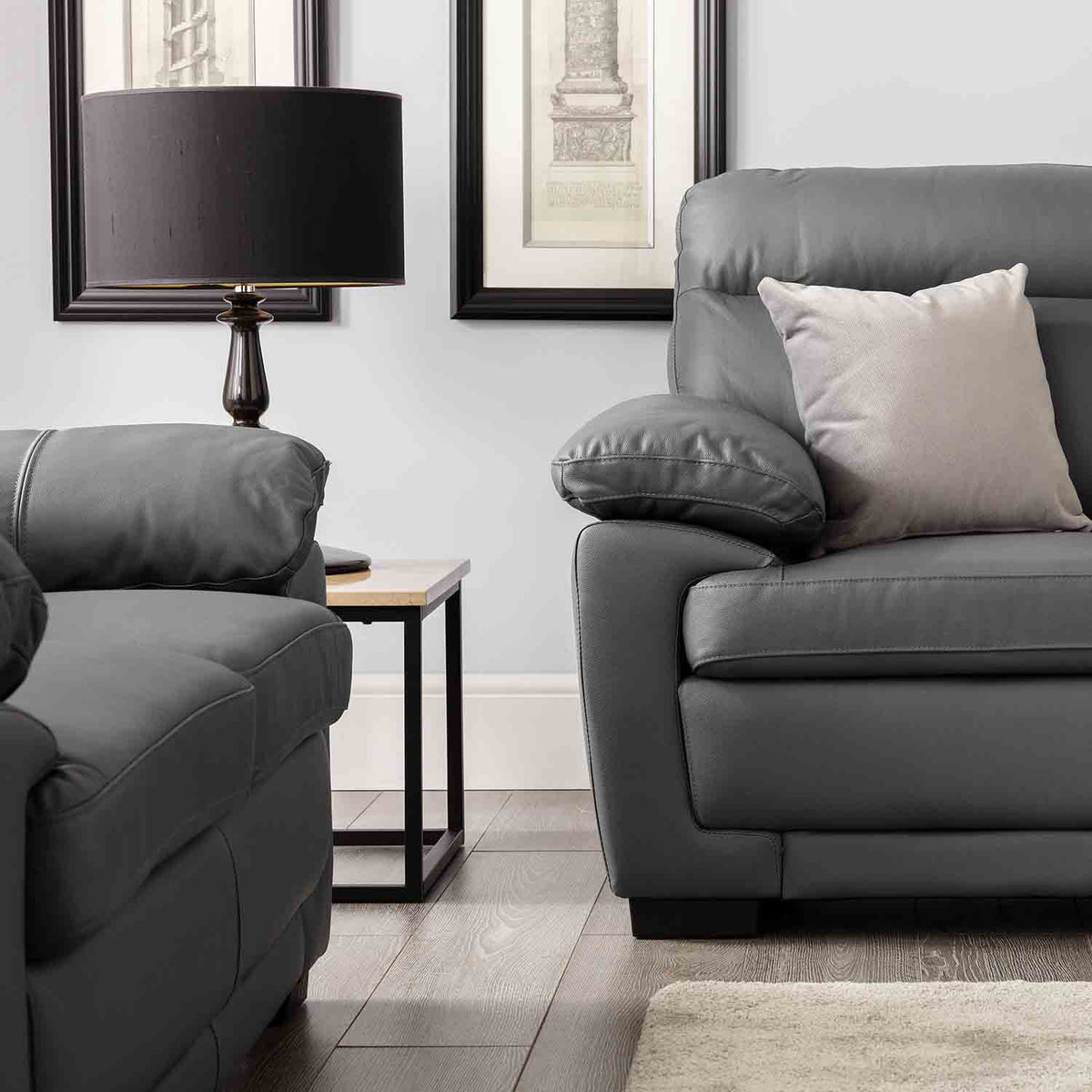 Hugo Grey 3 Seater Leather Sofa - Lifestyle Close up