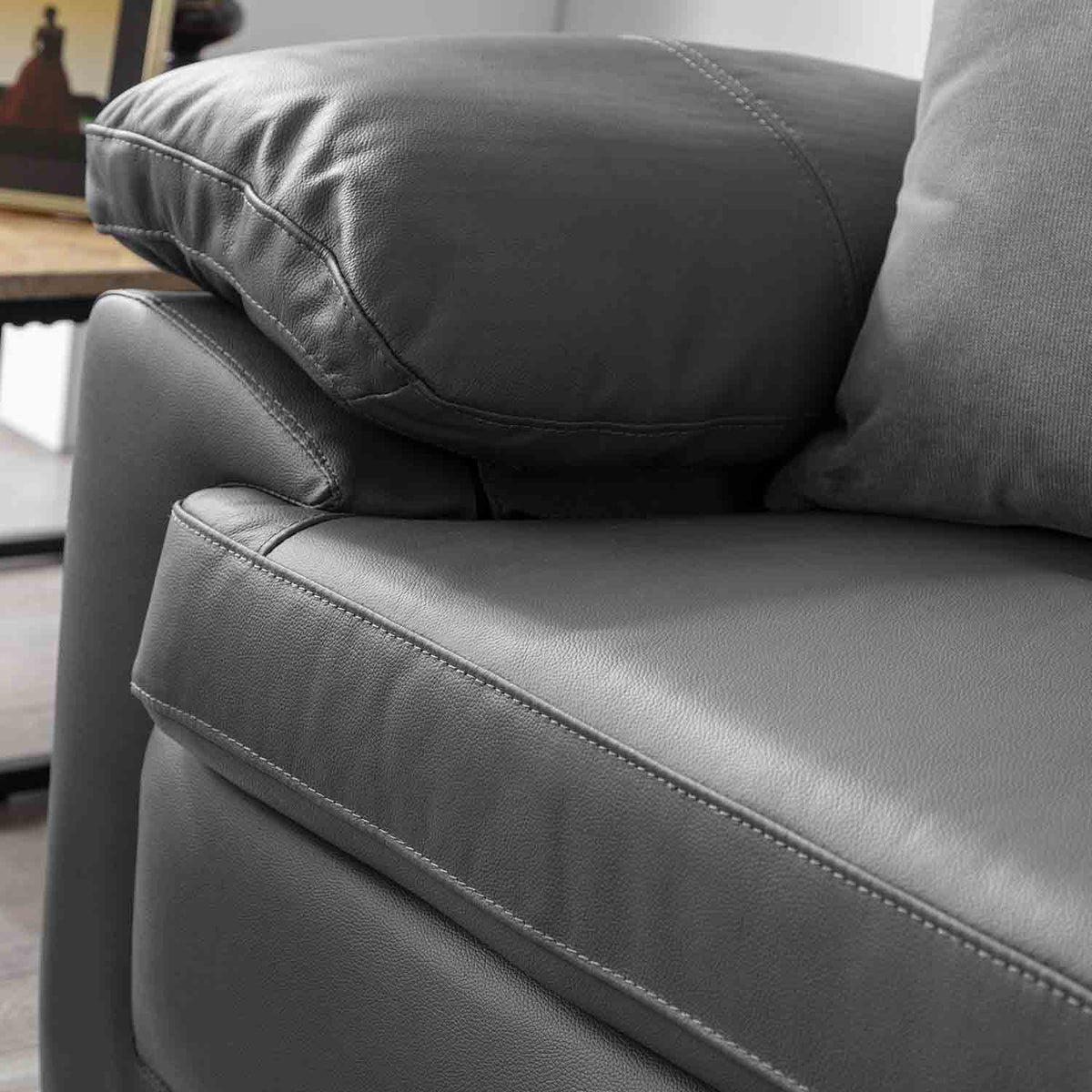 Hugo Grey 3 Seater Leather Sofa - Close up of arm rest