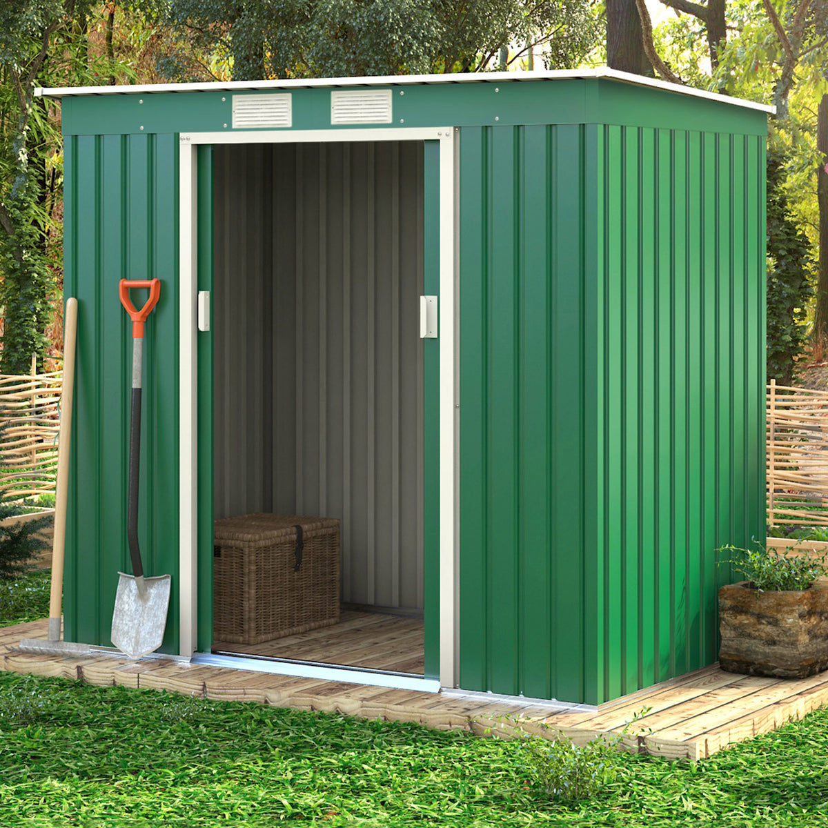 Ascot 7ft Galvanised Steel Green Shed lifestyle