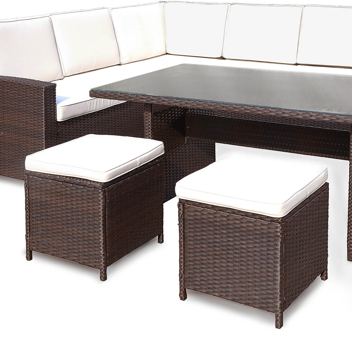 Berlin Brown Rattan Corner Sofa Garden Dining Set with stools