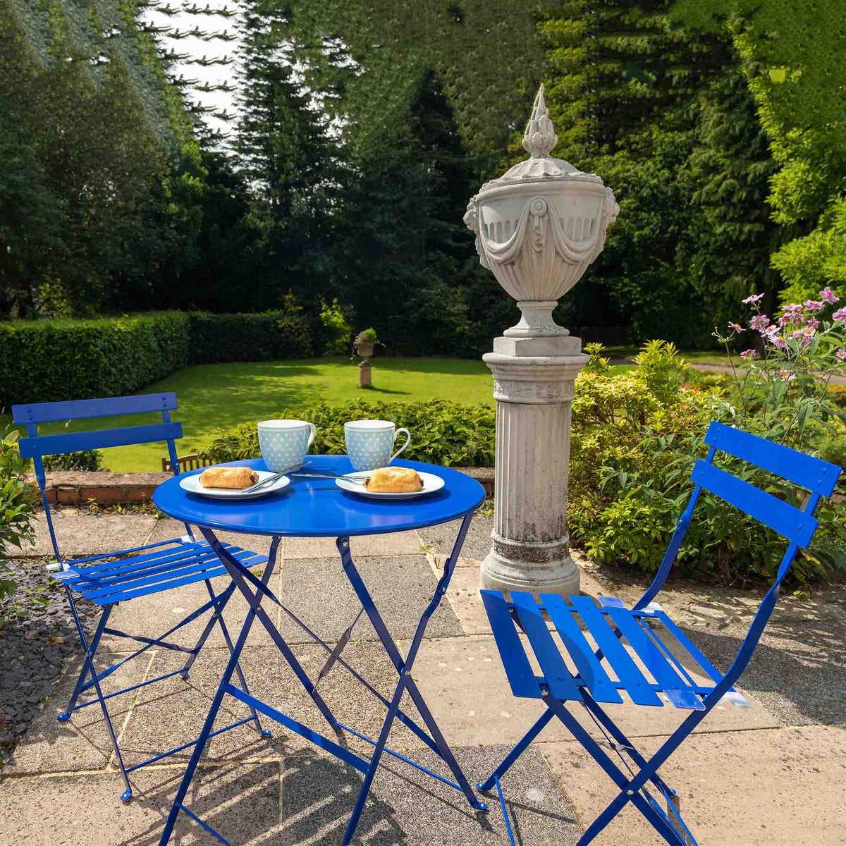 Bistro Blue Folding Table and Two Chairs - Lifestyle