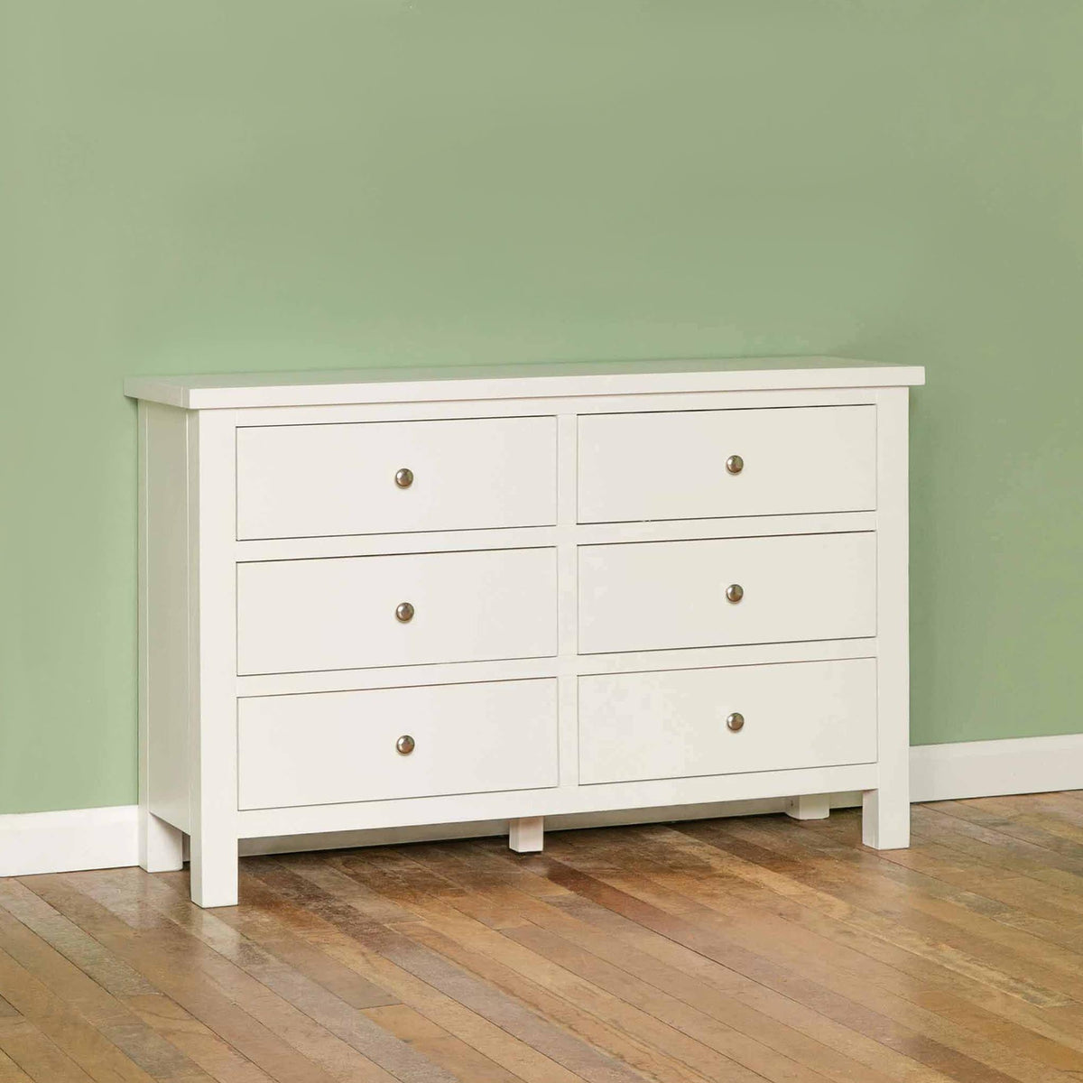 Cornish White Wooden Chest of 6 Drawers - Lifestyle side view