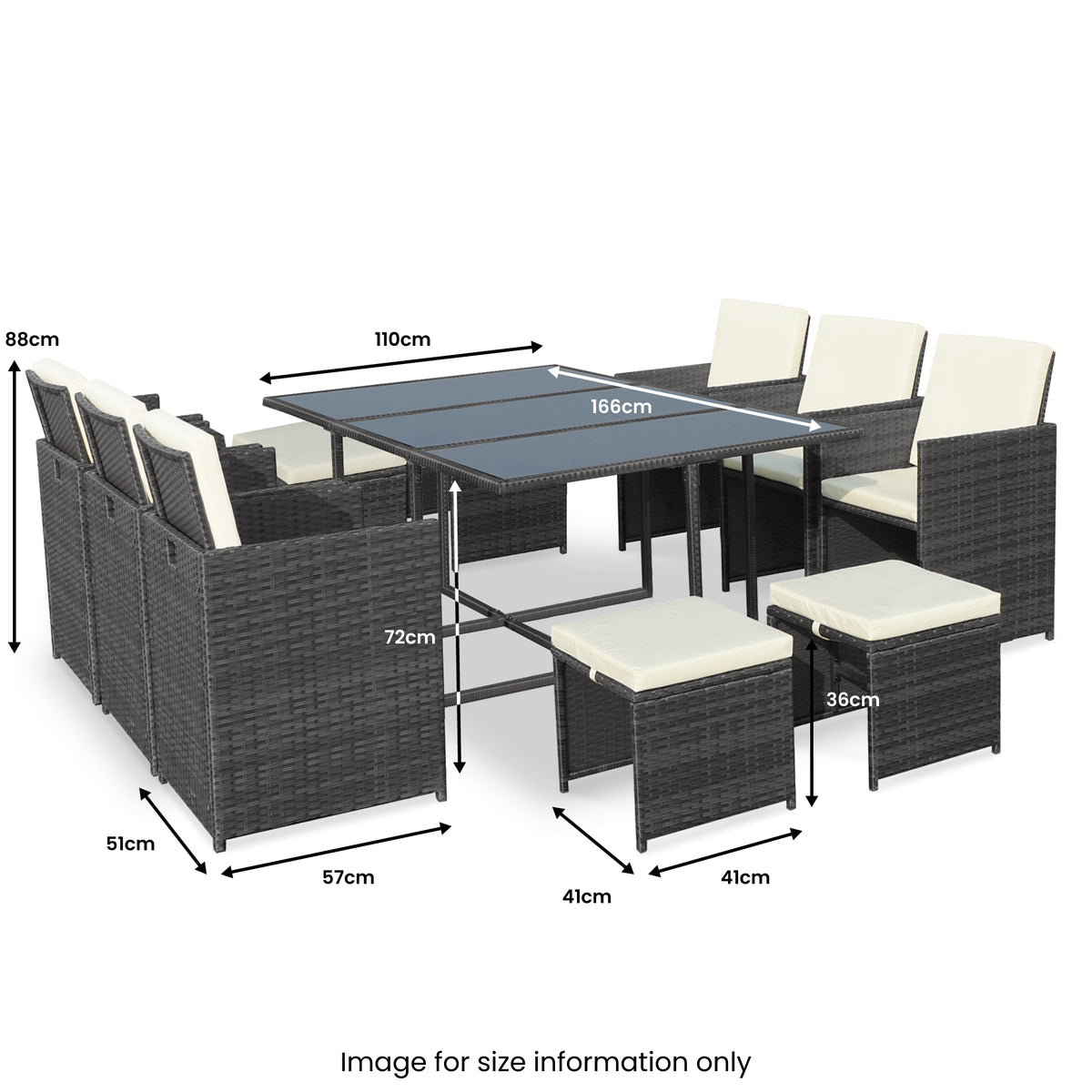 Cannes Grey 10 Seater Rattan Cube Dining Set dimensions