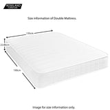 A white double mattress is displayed with dimensions marked: 135cm wide, 22.86cm high, 190cm long. Inscription: "ROSELAND FURNITURE. Size information of Double Mattress. Image for size information only."