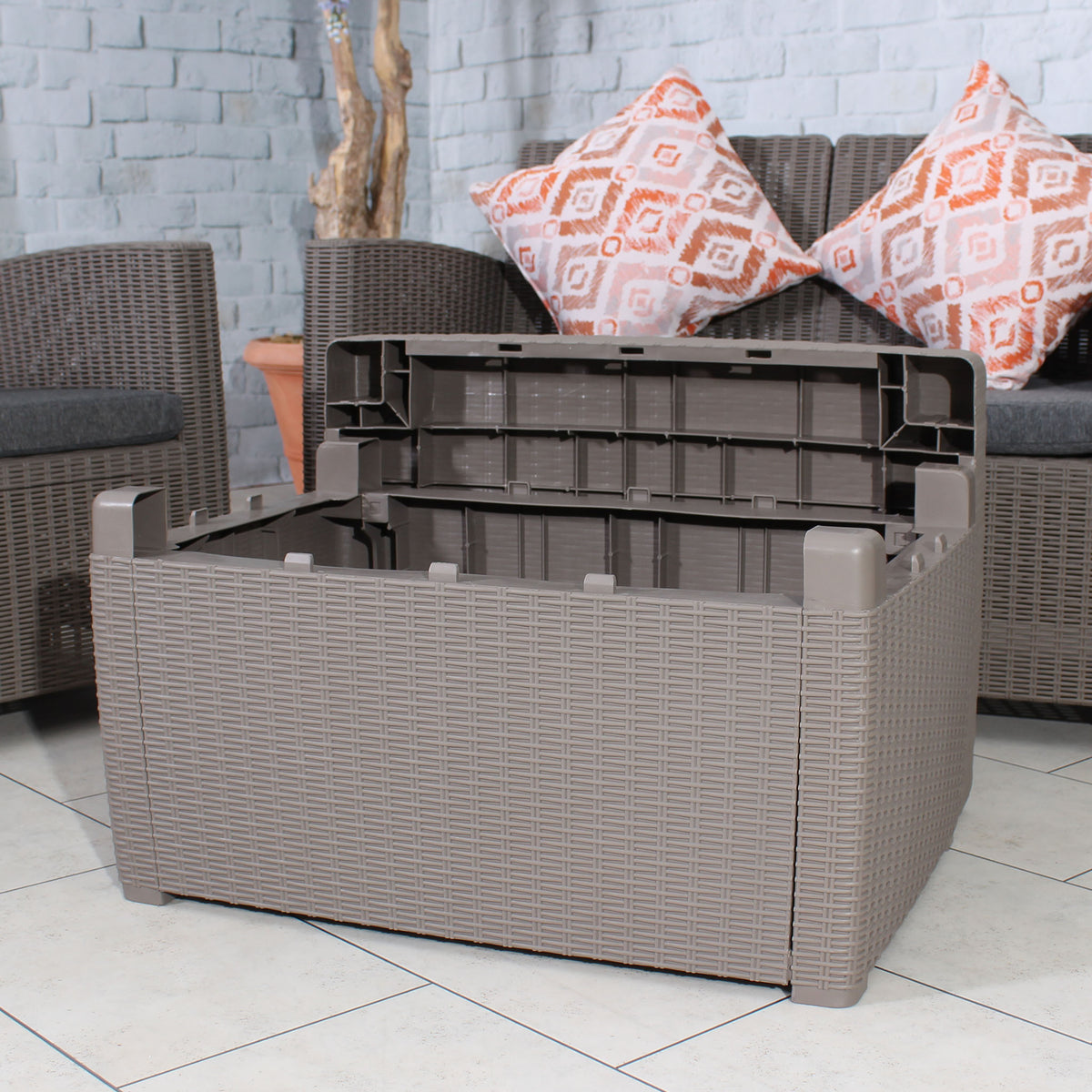 Faro Grey Taupe 4 Seater storage lounge set coffee storage table close up