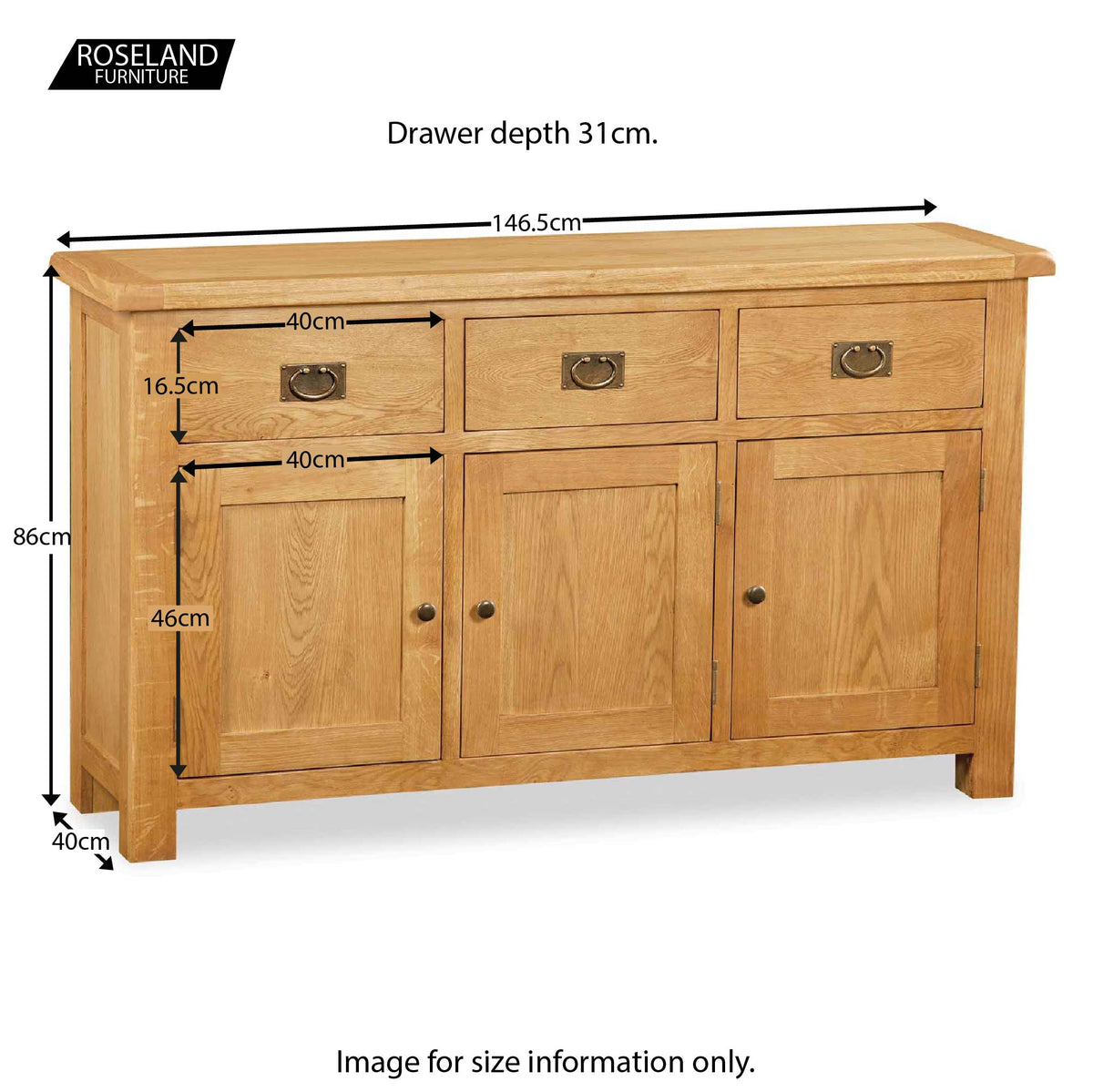 Zelah Oak Large Dresser - Size Guide of Lower Sideboard to Dresser
